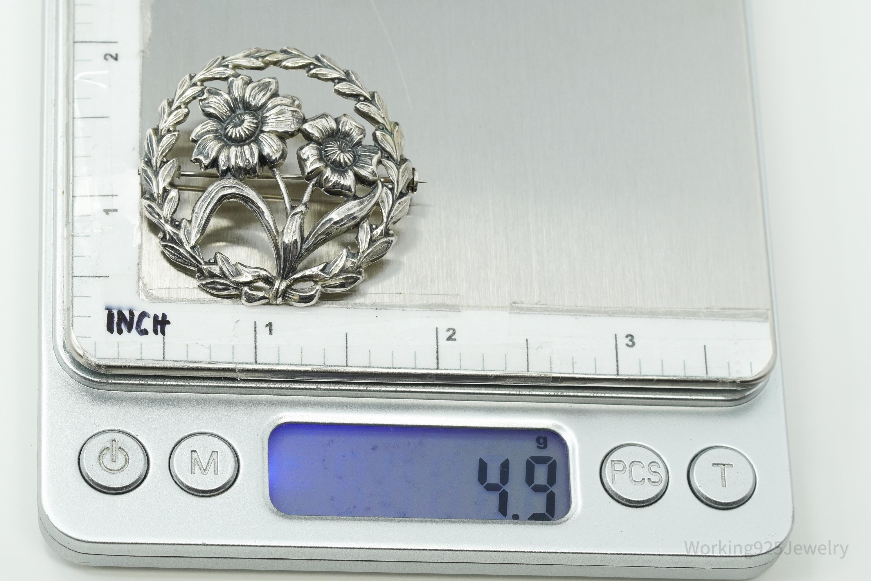 Antique Floral Wreath Sterling Silver Brooch Pin