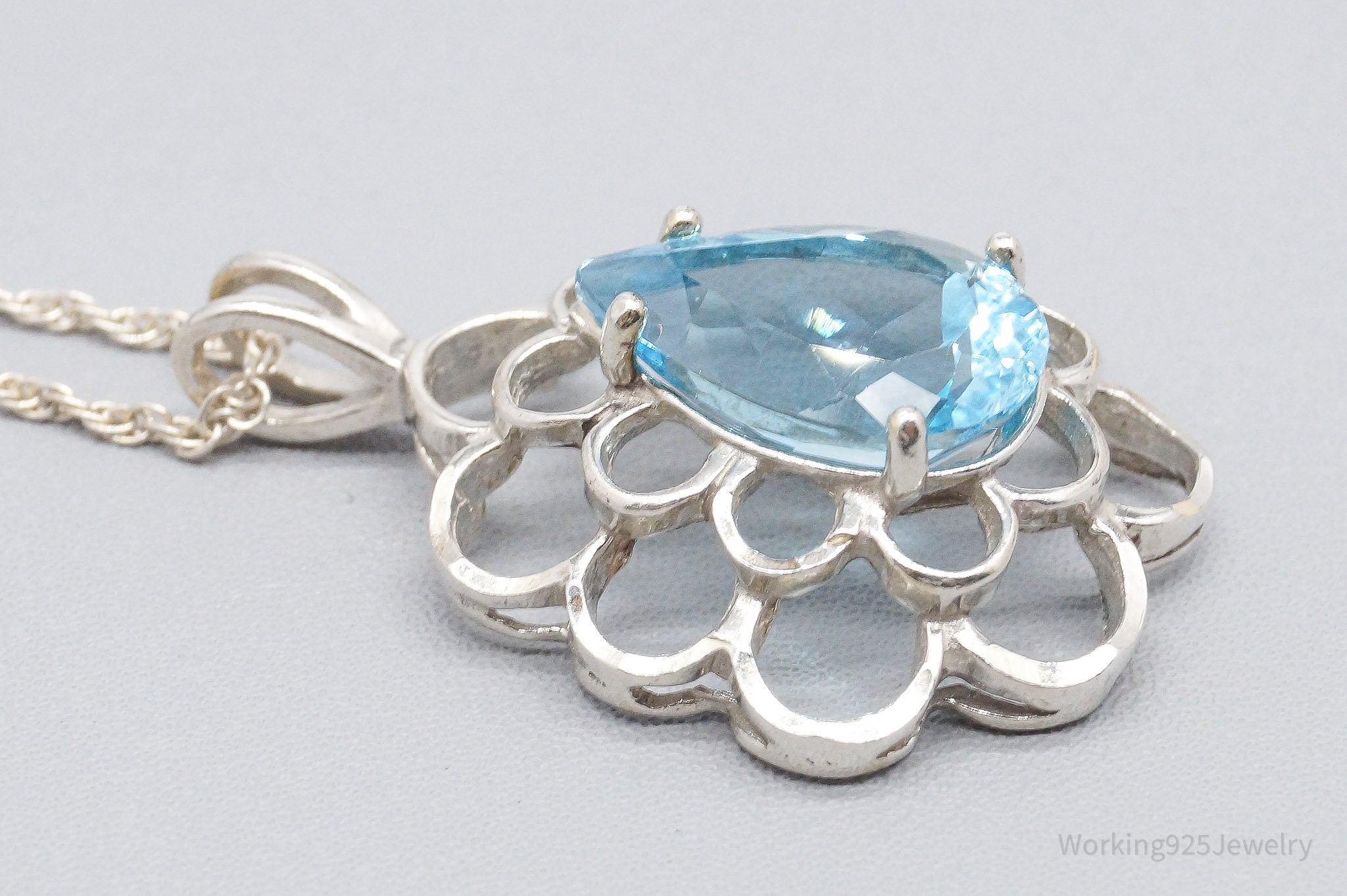 Vintage Large Blue Topaz Sterling Silver Necklace 18"