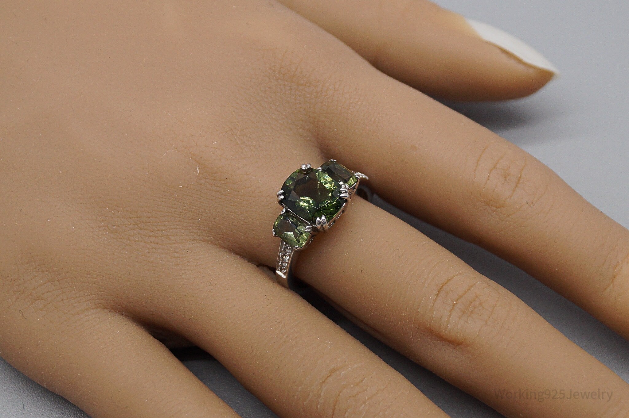 Vintage JTV's Green Moldavite & White Zircon Sterling Silver Ring - Size 9
