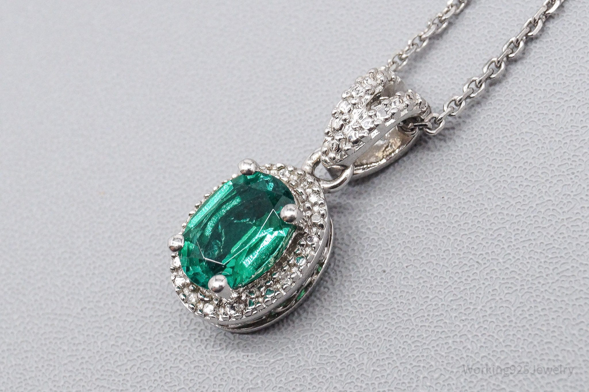 Vintage Lab Emerald Diamond Sterling Silver Necklace 22" Adjustable