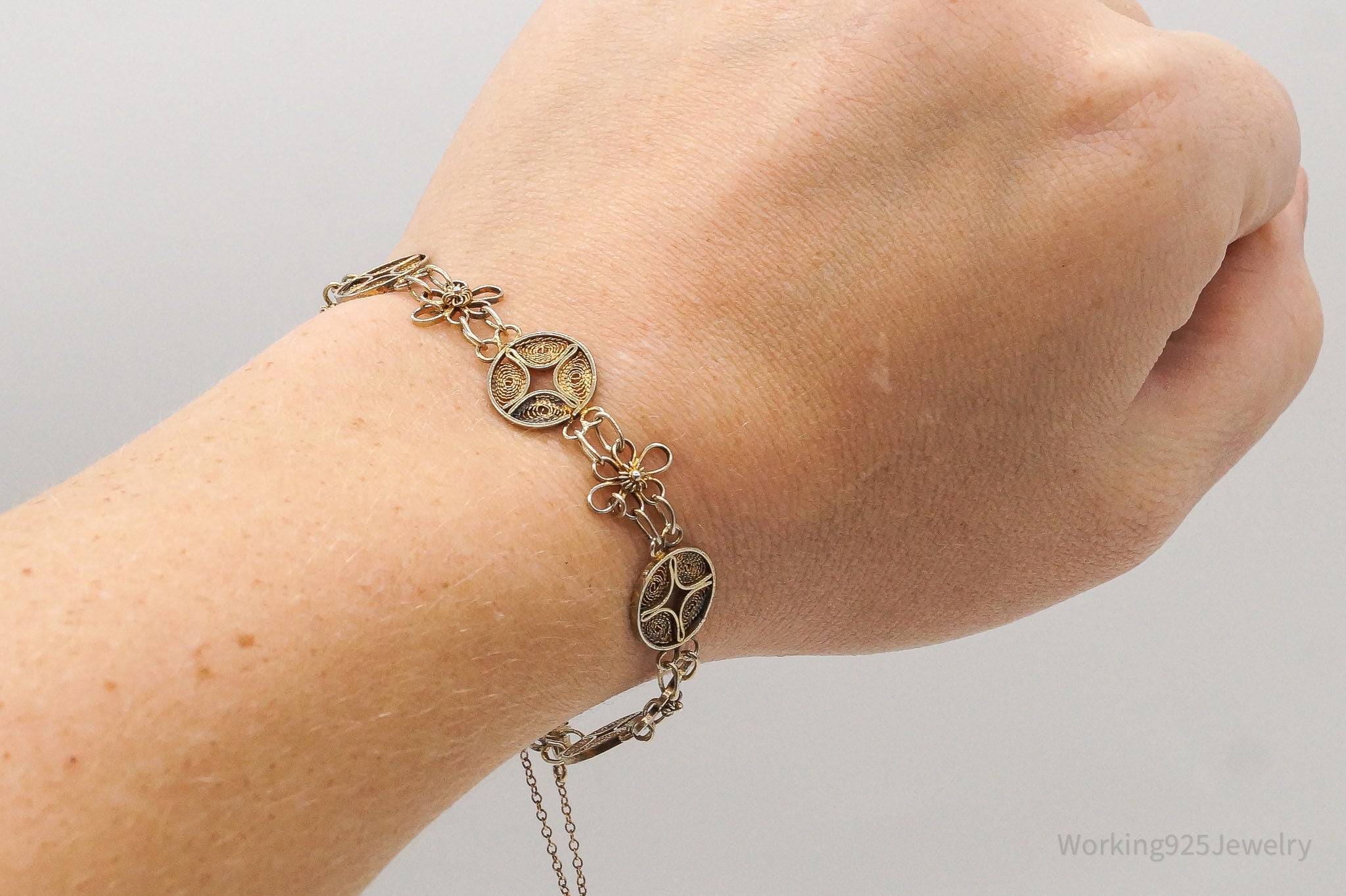 Vintage Ornate Filigree Gold Wash Silver Bracelet