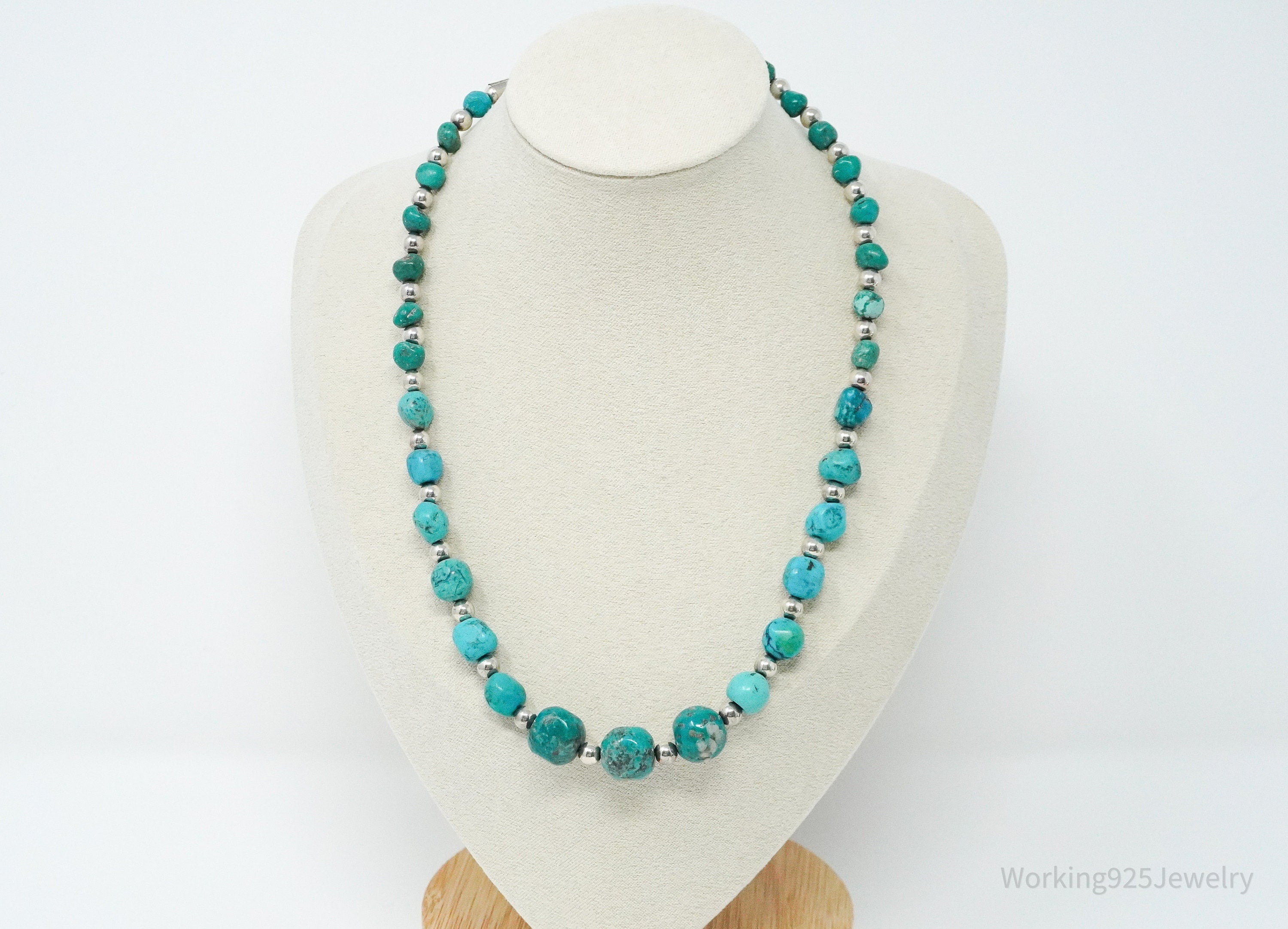 Vintage Designer Carolyn Pollack Relios Turquoise Bead Sterling Silver Necklace 20"