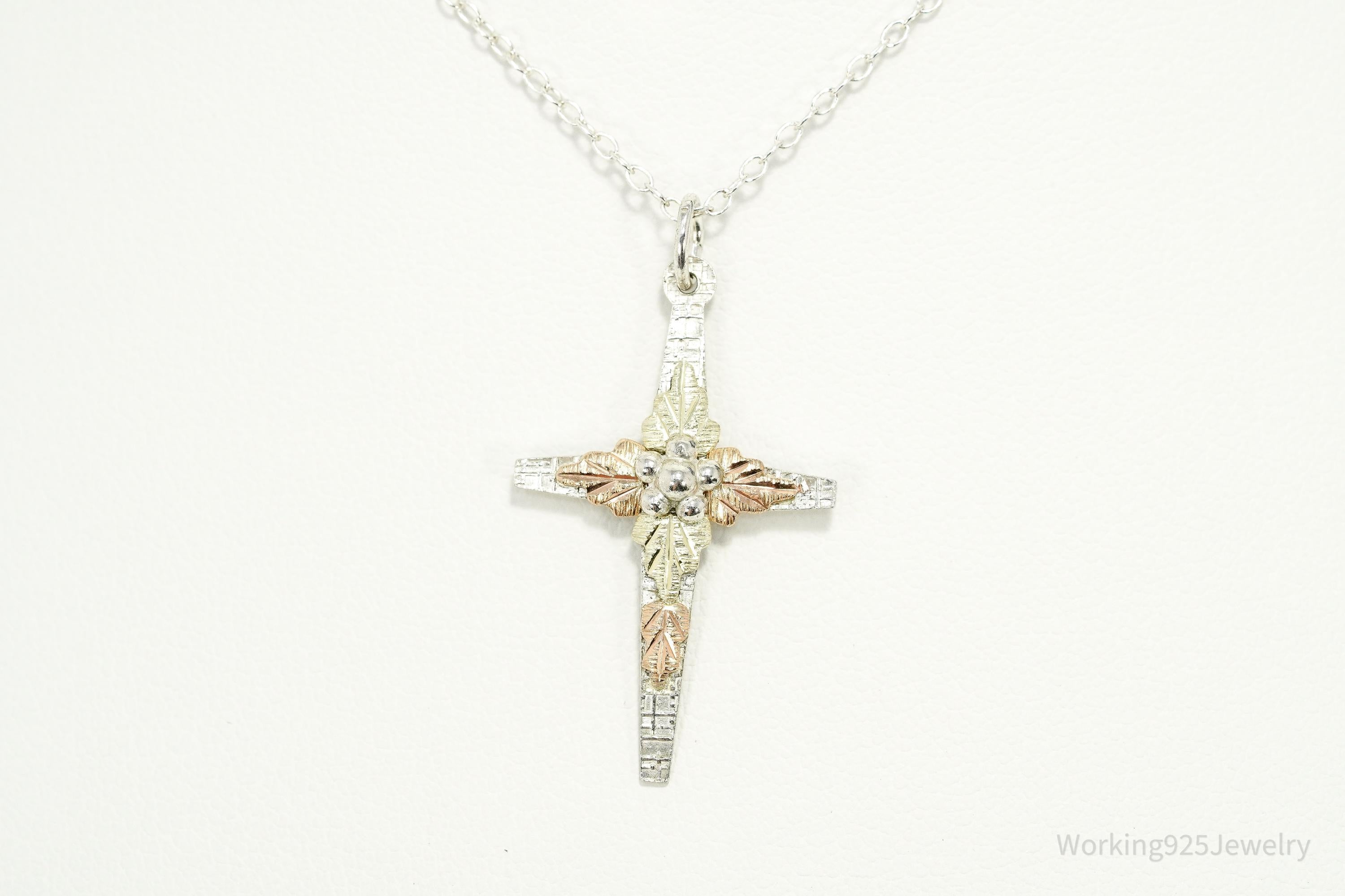 Vintage Landstrom's 10K Black Hills Gold Leaves Sterling Silver Cross Necklace 18"