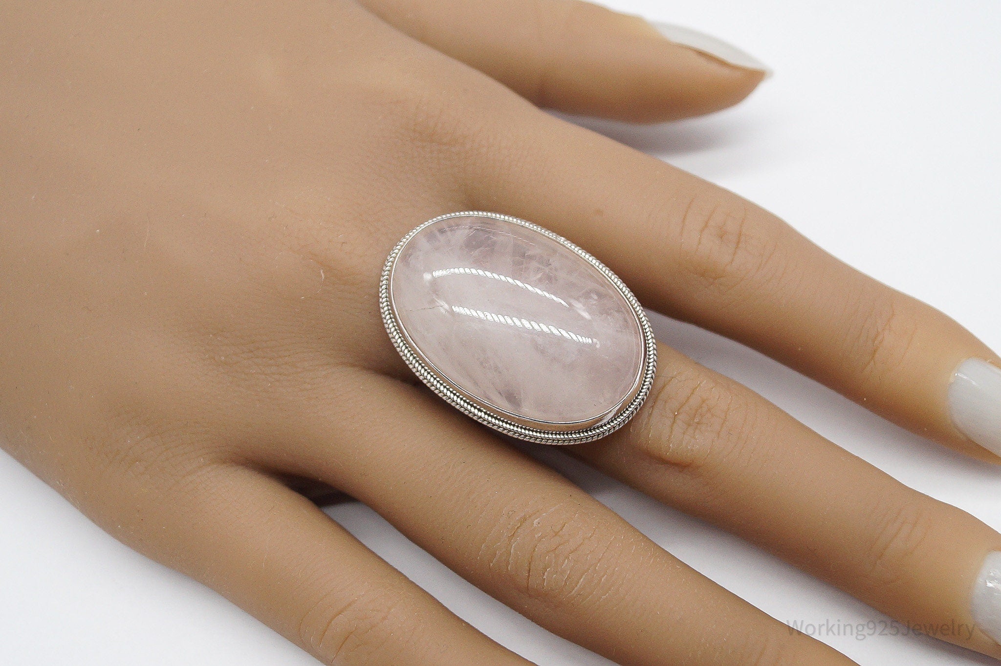 Vintage Large Rose Quartz Sterling Silver Ring - Size 10