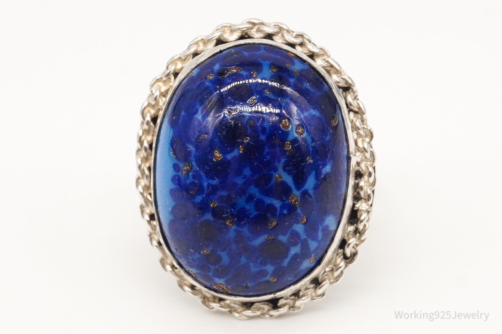 Vintage Large Blue Art Glass 950 Silver Statement Ring - Size 7.75