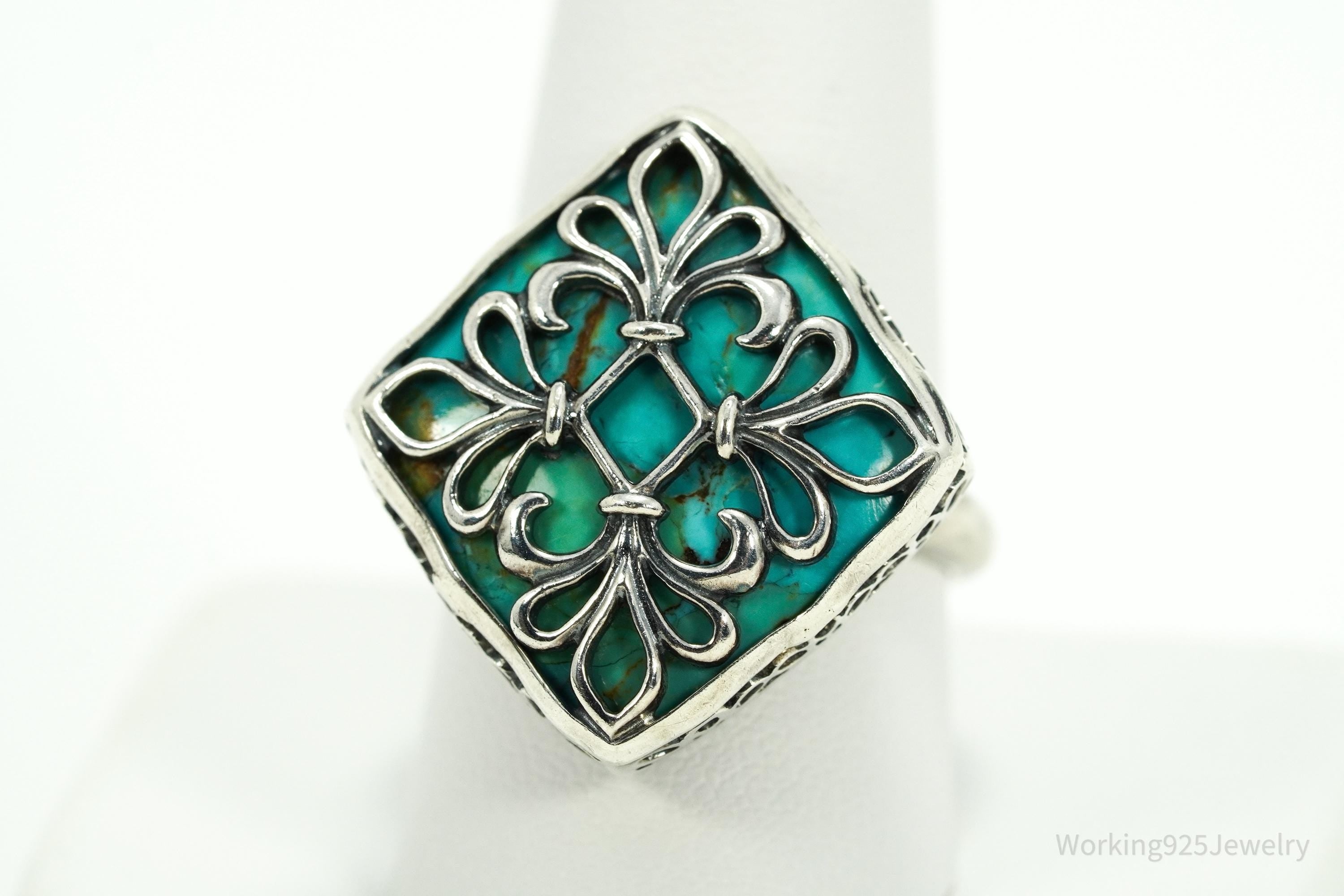 Vintage Caged Turquoise Sterling Silver Ring - Size 10