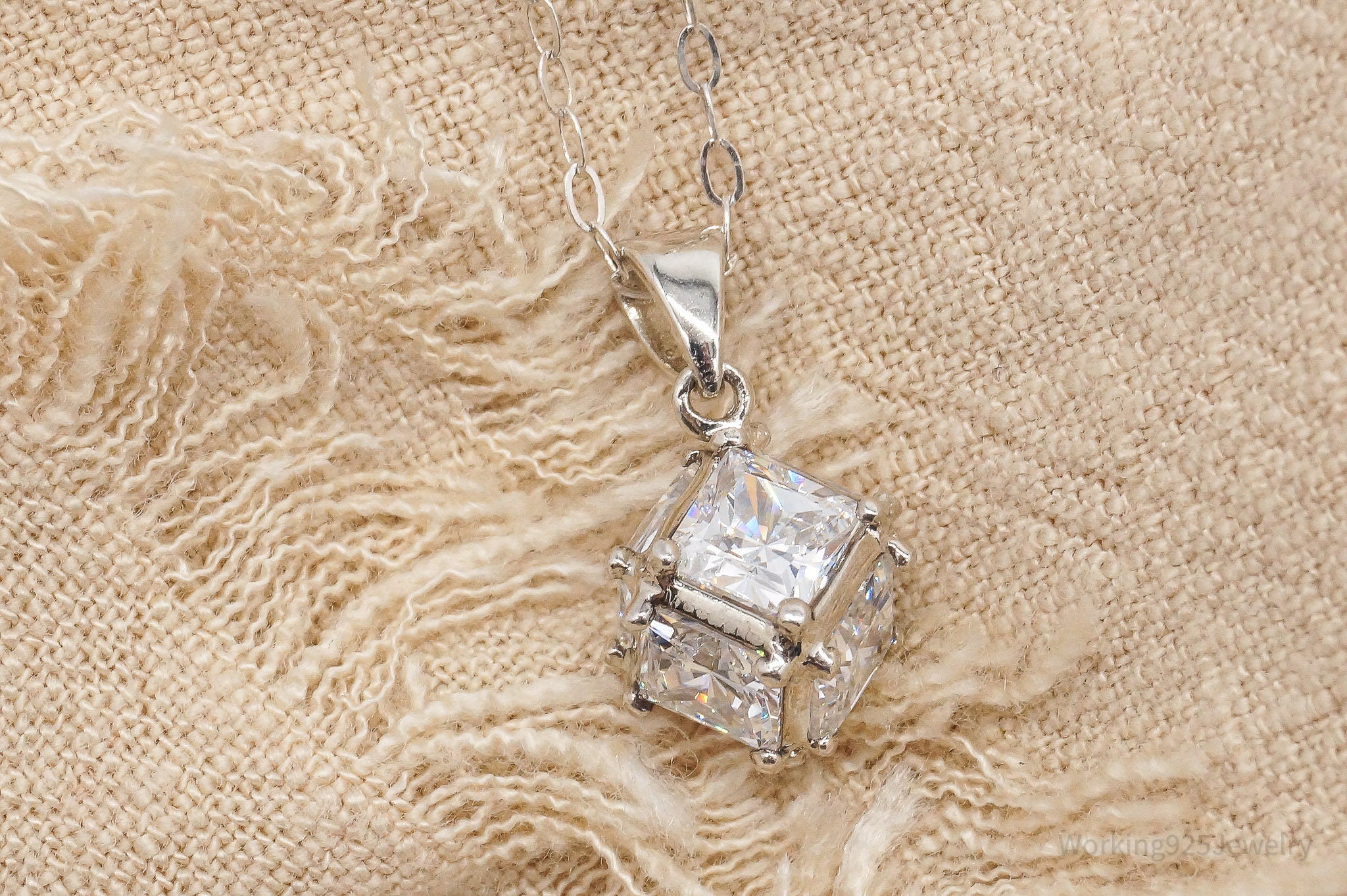 Vintage Cubic Zirconia Cube Sterling Silver Necklace 16"