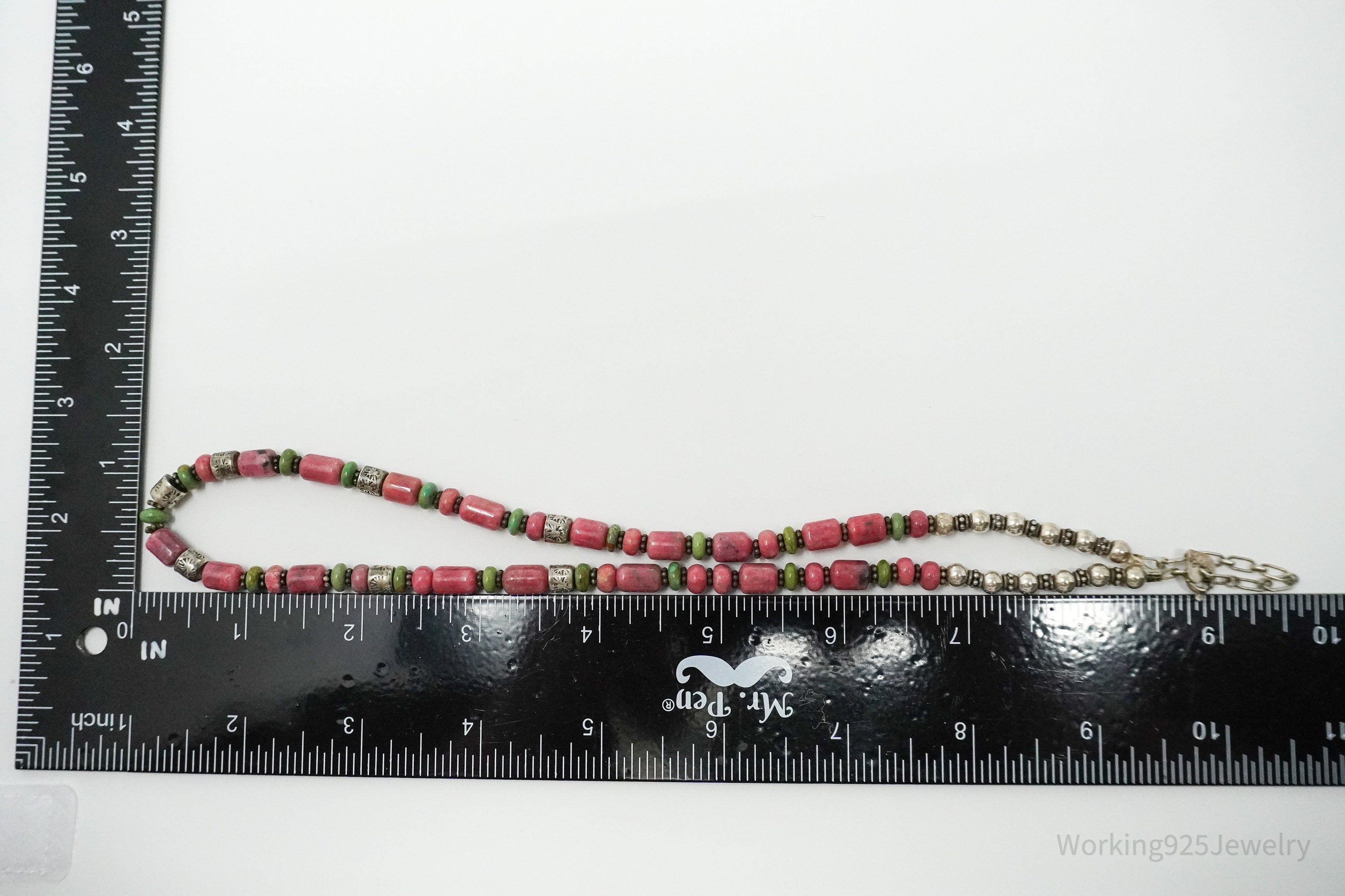 Vintage Western Rhodonite & Turquoise Bead Sterling Silver Necklace 19"