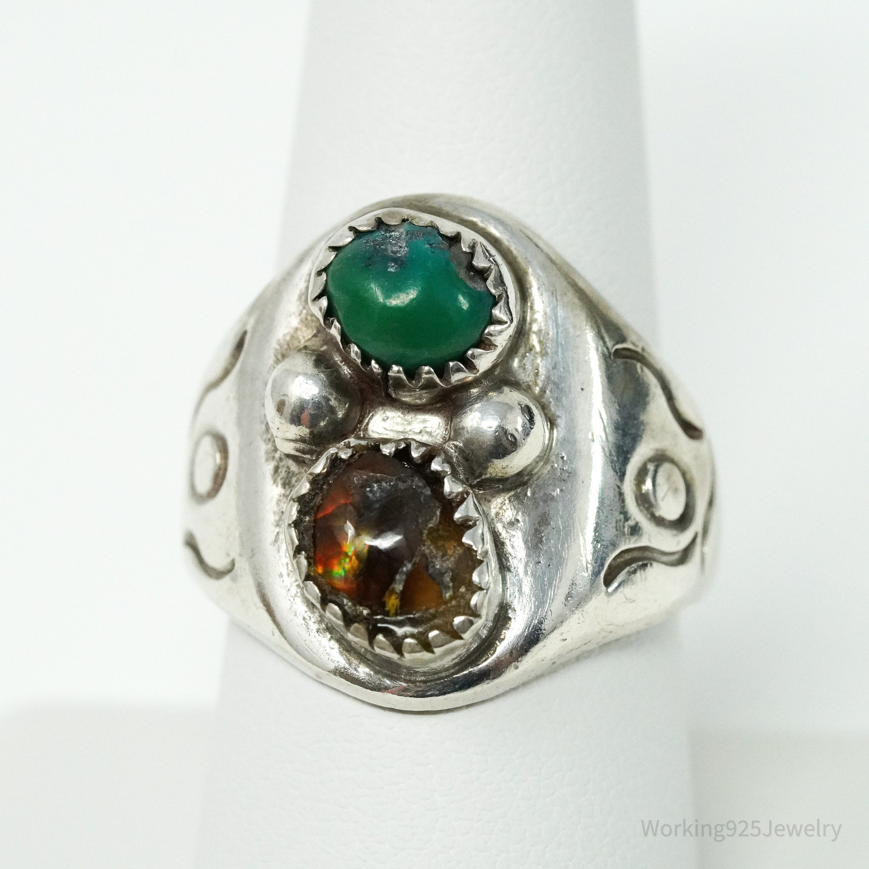 Vintage Native American Opal & Turquoise Handmade Silver Ring - Size 9