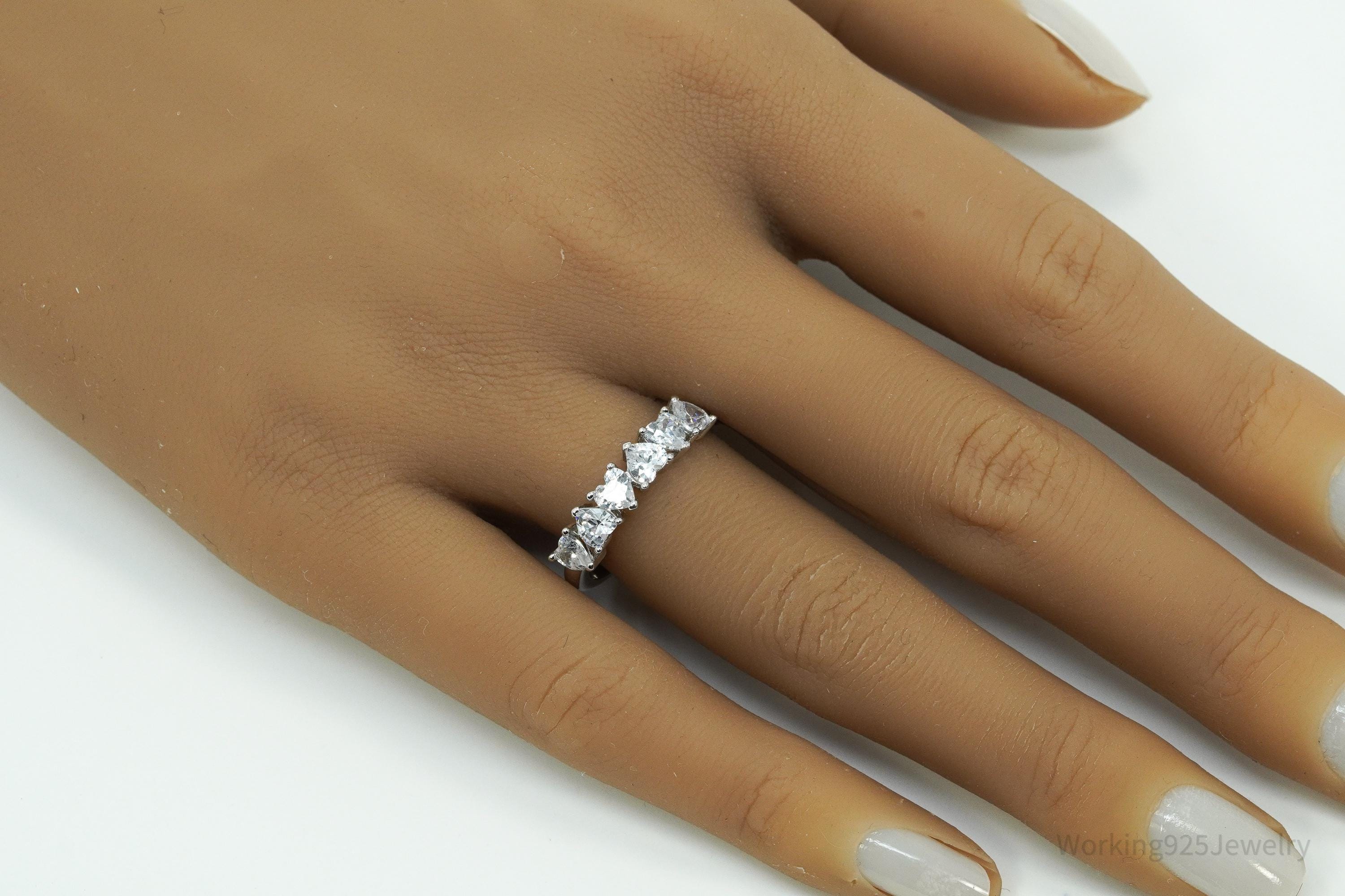 Designer BBJ Cubic Zirconia Hearts Sterling Silver Ring - Size 8