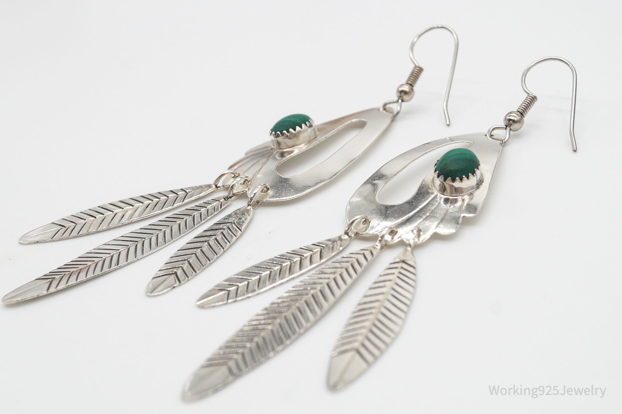 Vintage Native American JL Malachite Sterling Silver Earrings