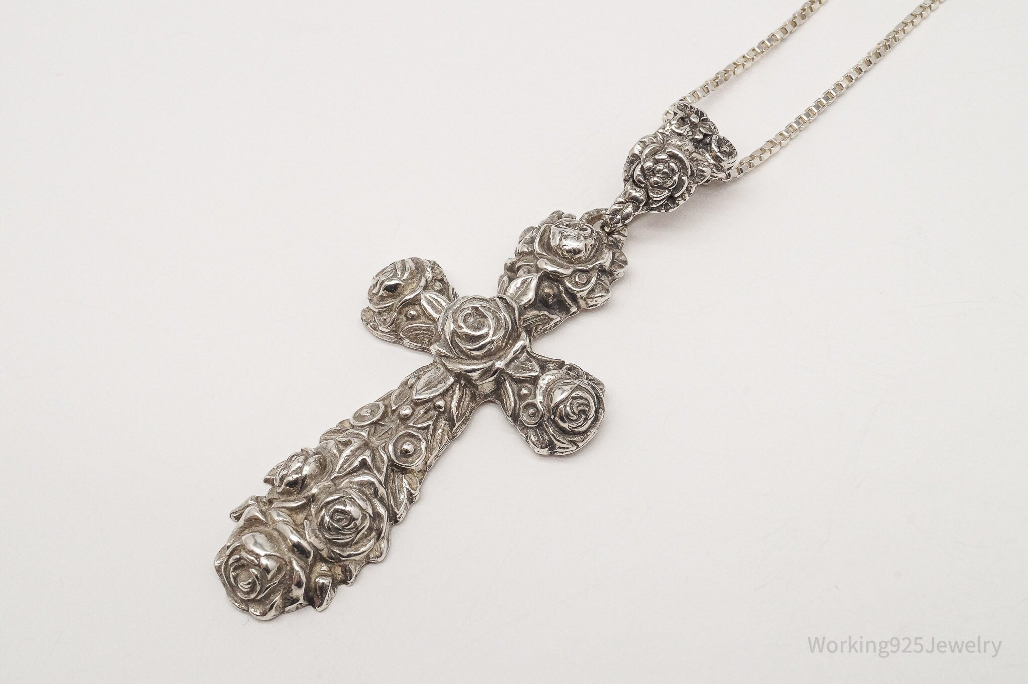 Vintage Large Rose Cross Sterling Silver Necklace 30"