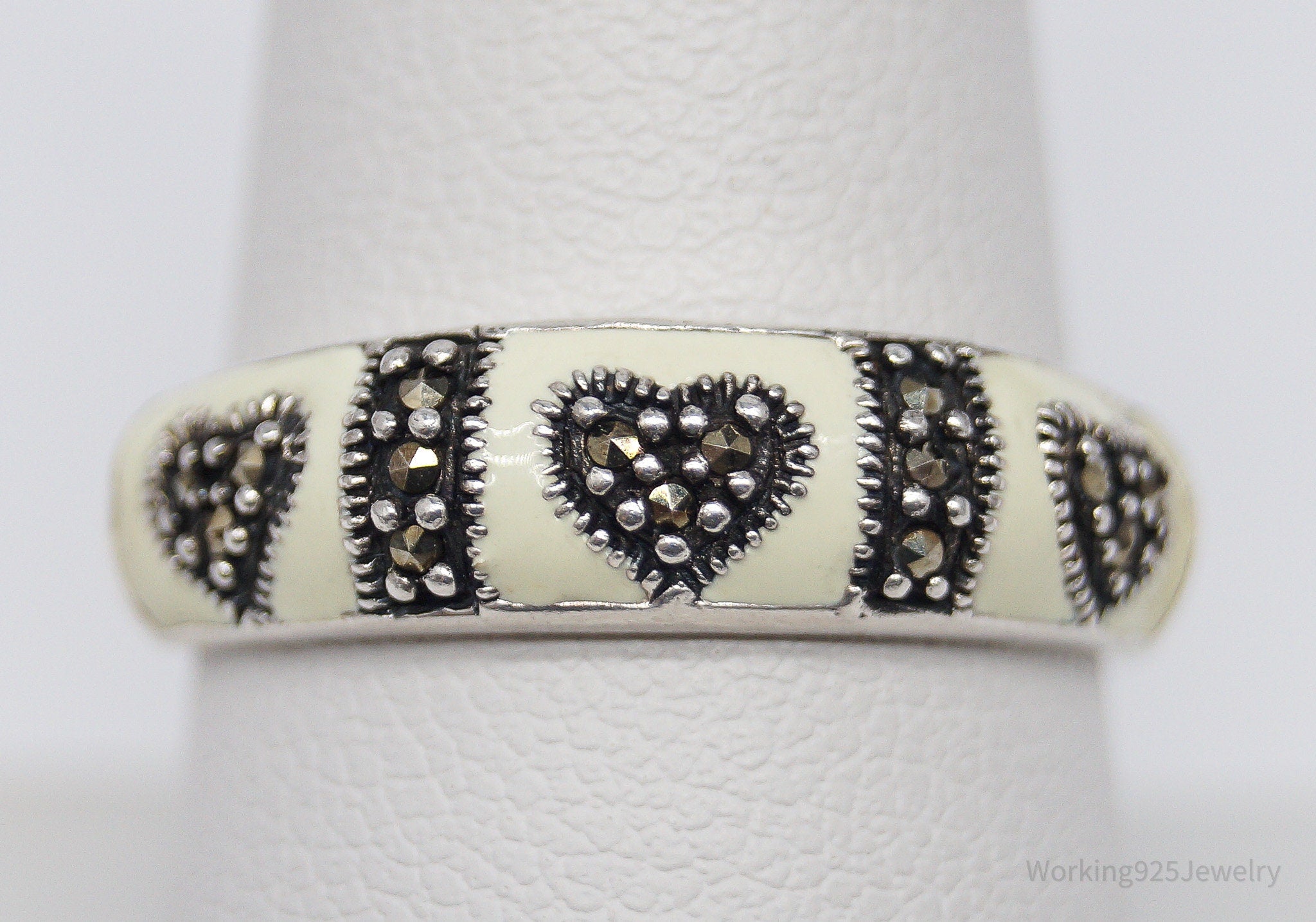 Vintage Designer DP Marcasite & Ivory Enamel Sterling Silver Ring - Size 8.75