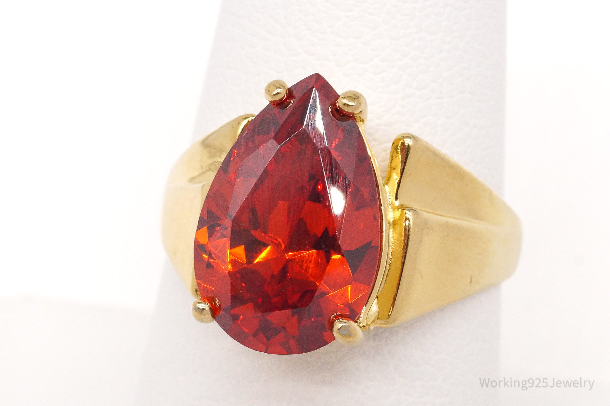 Vintage Large Fire Orange Cubic Zirconia Gold Over Sterling Silver Ring Size 8