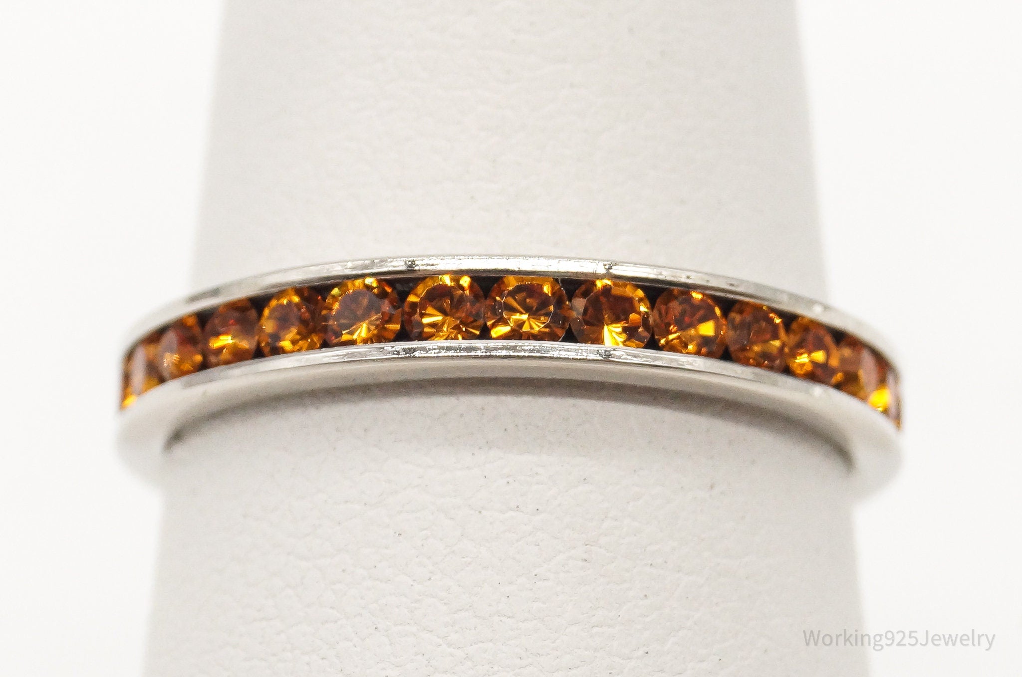 Vintage Orange Crystal Sterling Silver Band Ring - Size 7