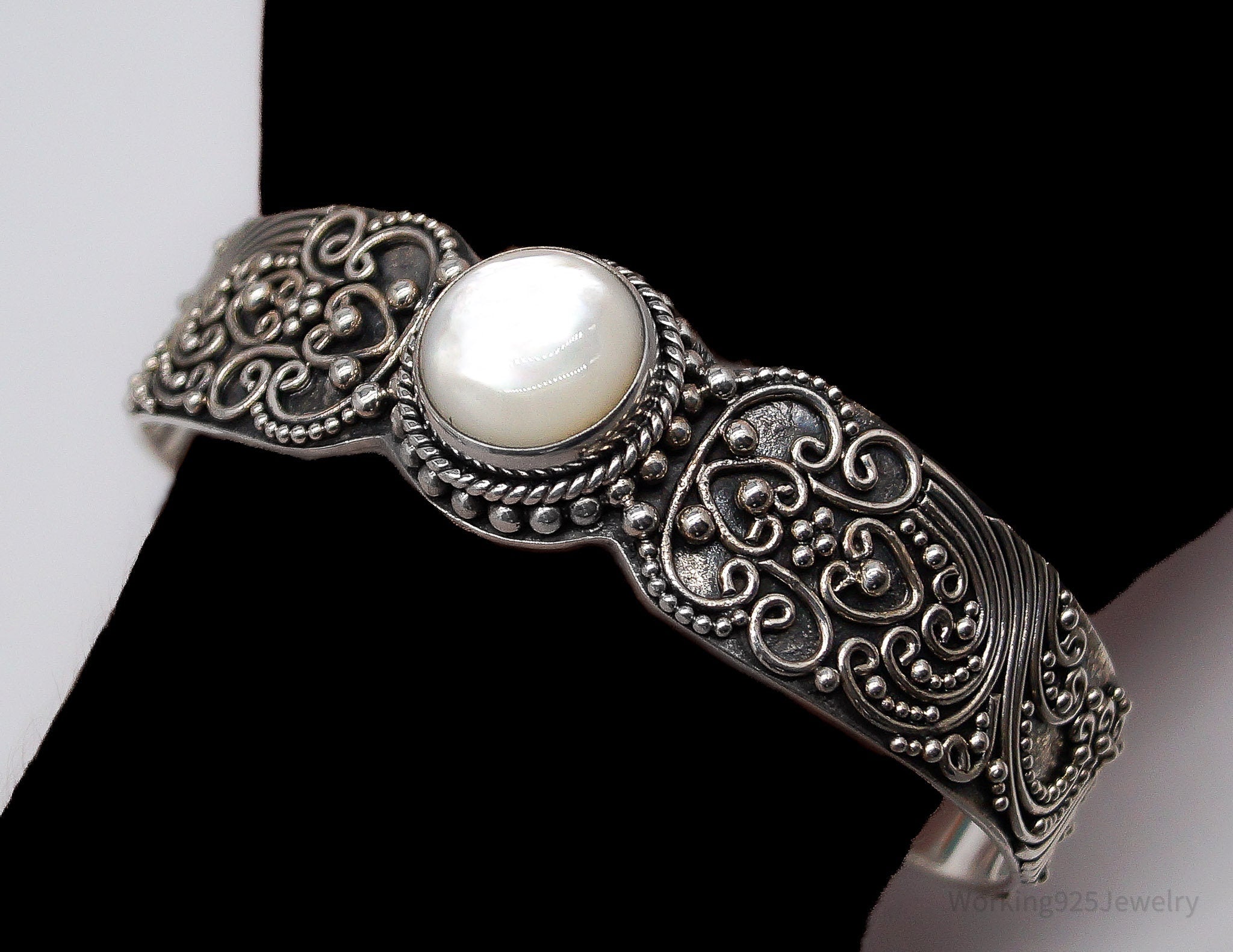 Vintage Designer BA Suarti Mother Of Pearl Sterling Silver Cuff Bracelet 7.25"