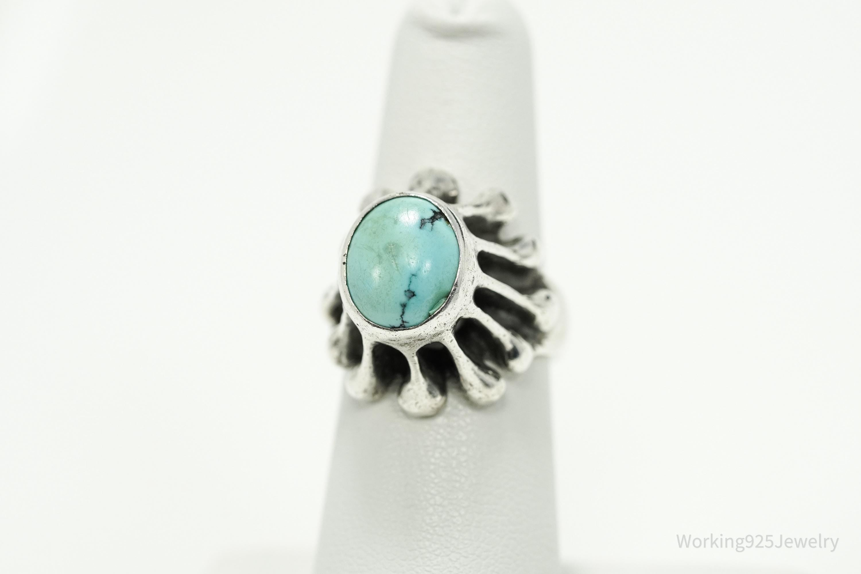 Vintage Brutalist Modernist Turquoise Silver Ring - Size 5.75