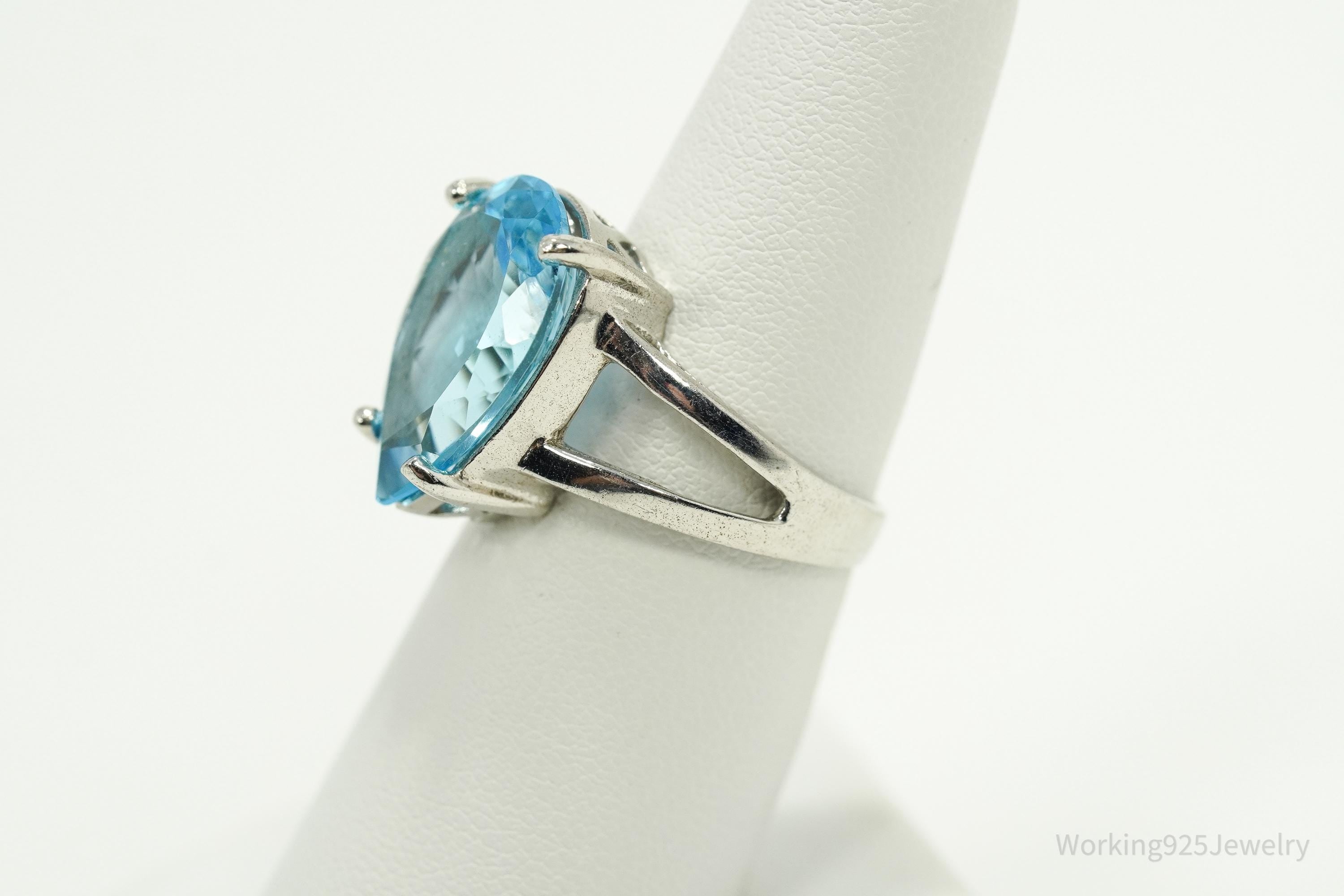 Vintage Large Blue Topaz Sterling Silver Ring - Size 7