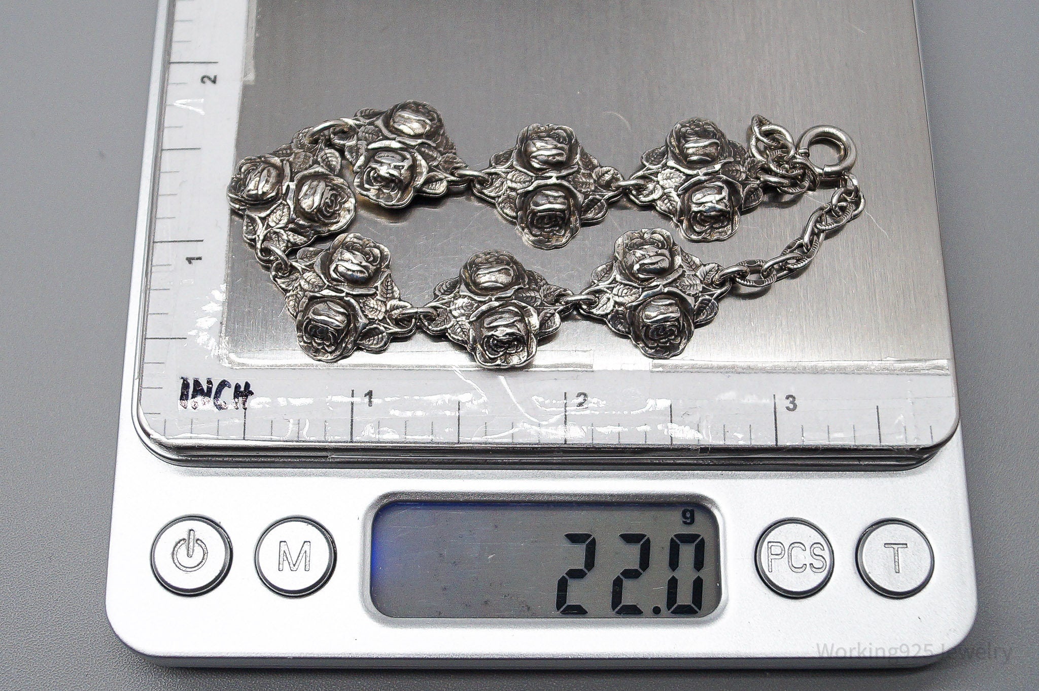 Antique Rosary Roses Mary & Saints Sterling Silver Bracelet - 7 7/8"