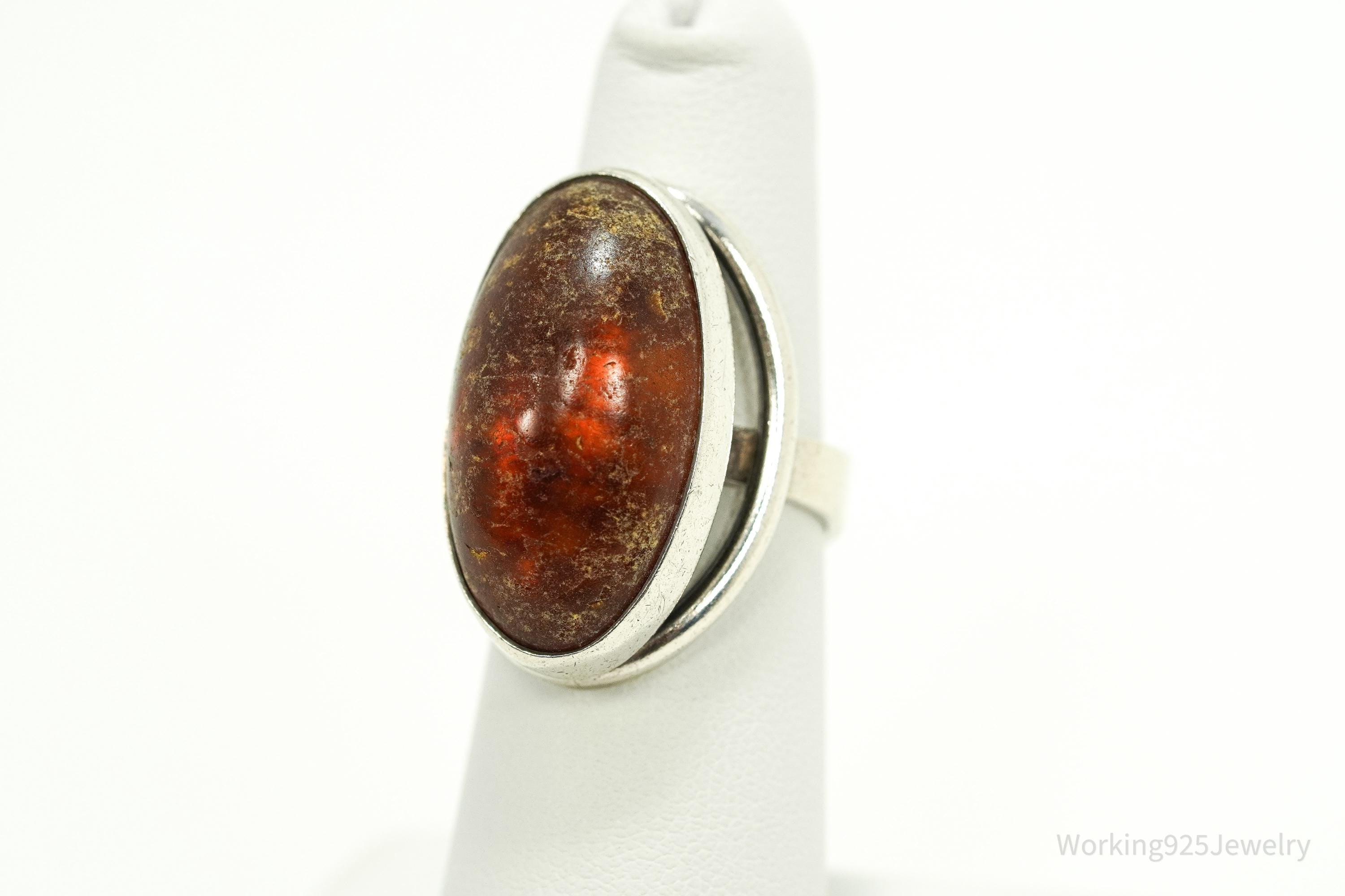 Rare Vintage 1950s Denmark Modernist Niels Erik Amber Sterling Silver Ring - Size 6.25