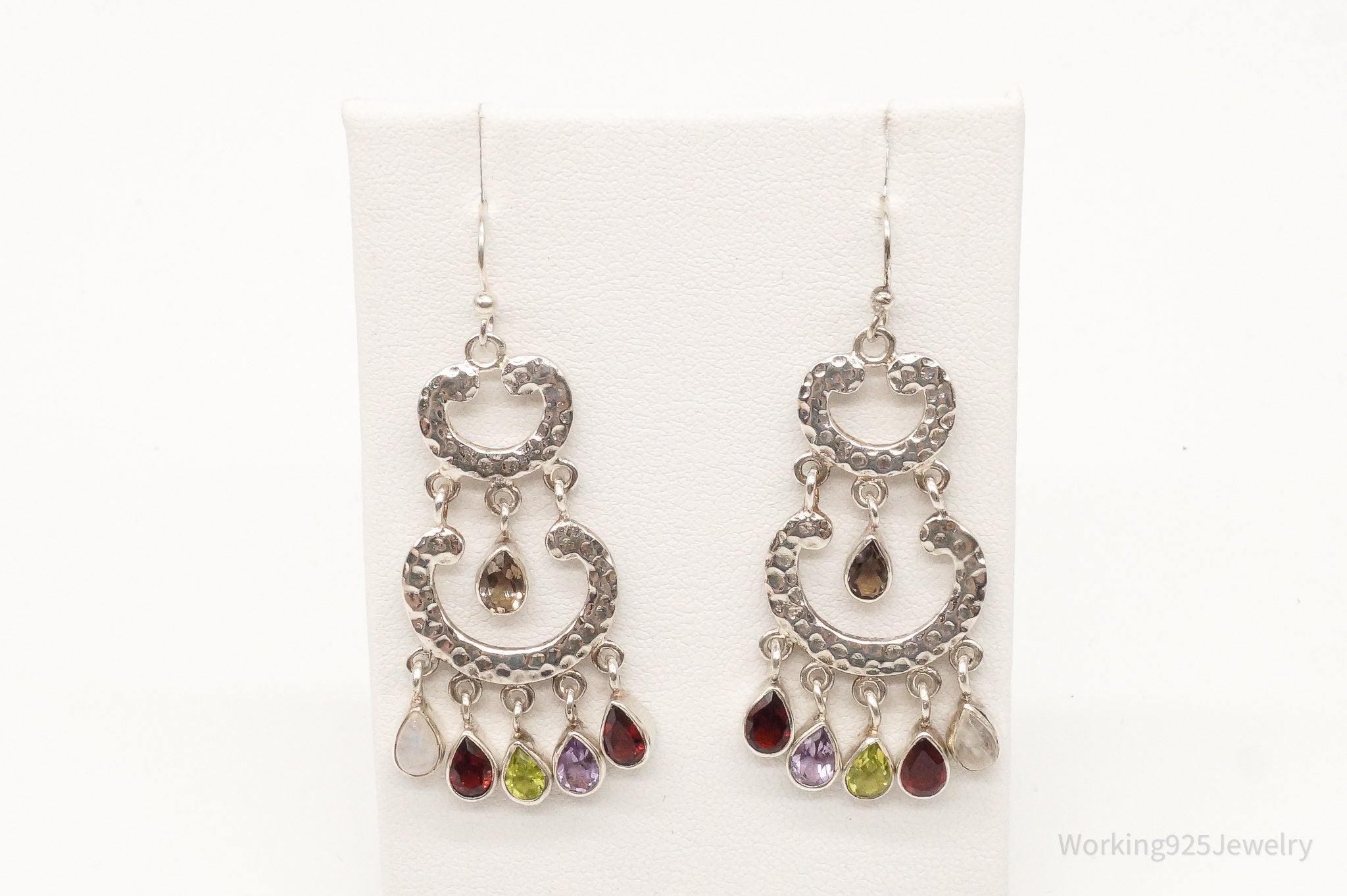 Vintage Multi Gemstones Sterling Silver Dangle Earrings