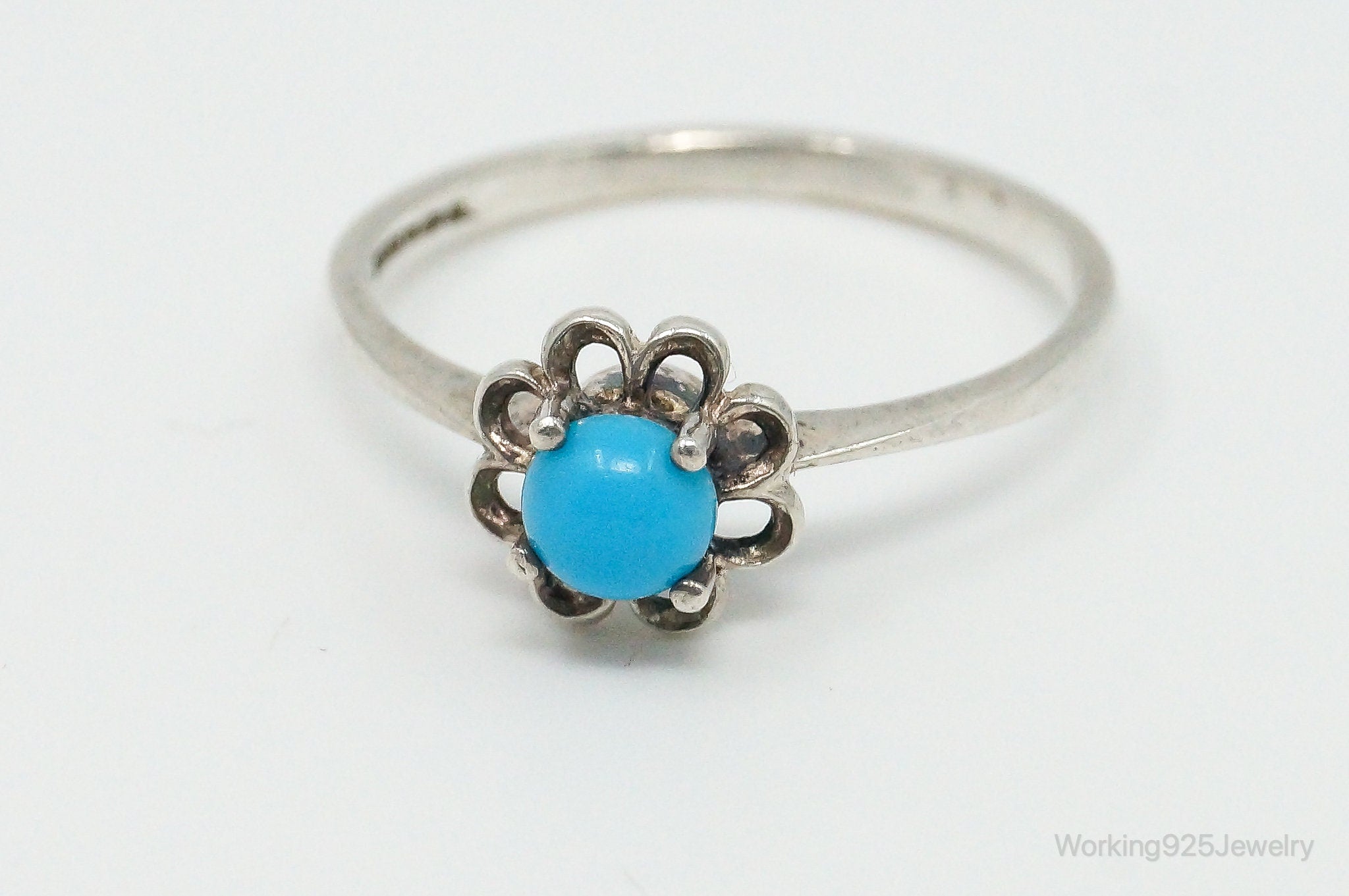 Vintage London Made Turquoise Flower Sterling Silver Ring - Size 5.75