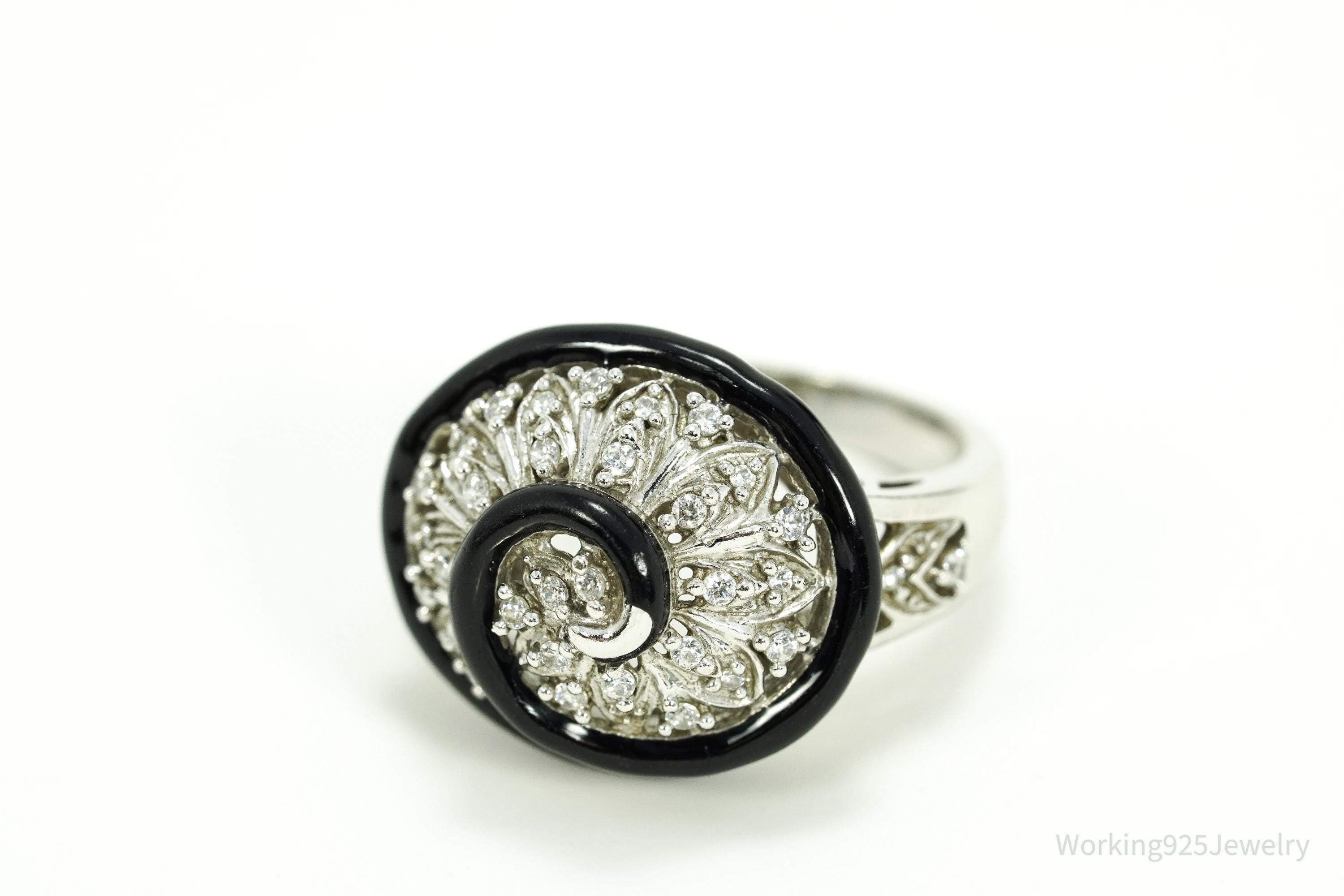 Vintage Designer Cubic Zirconia & Enamel Spiral Sterling Silver Ring - Size 7