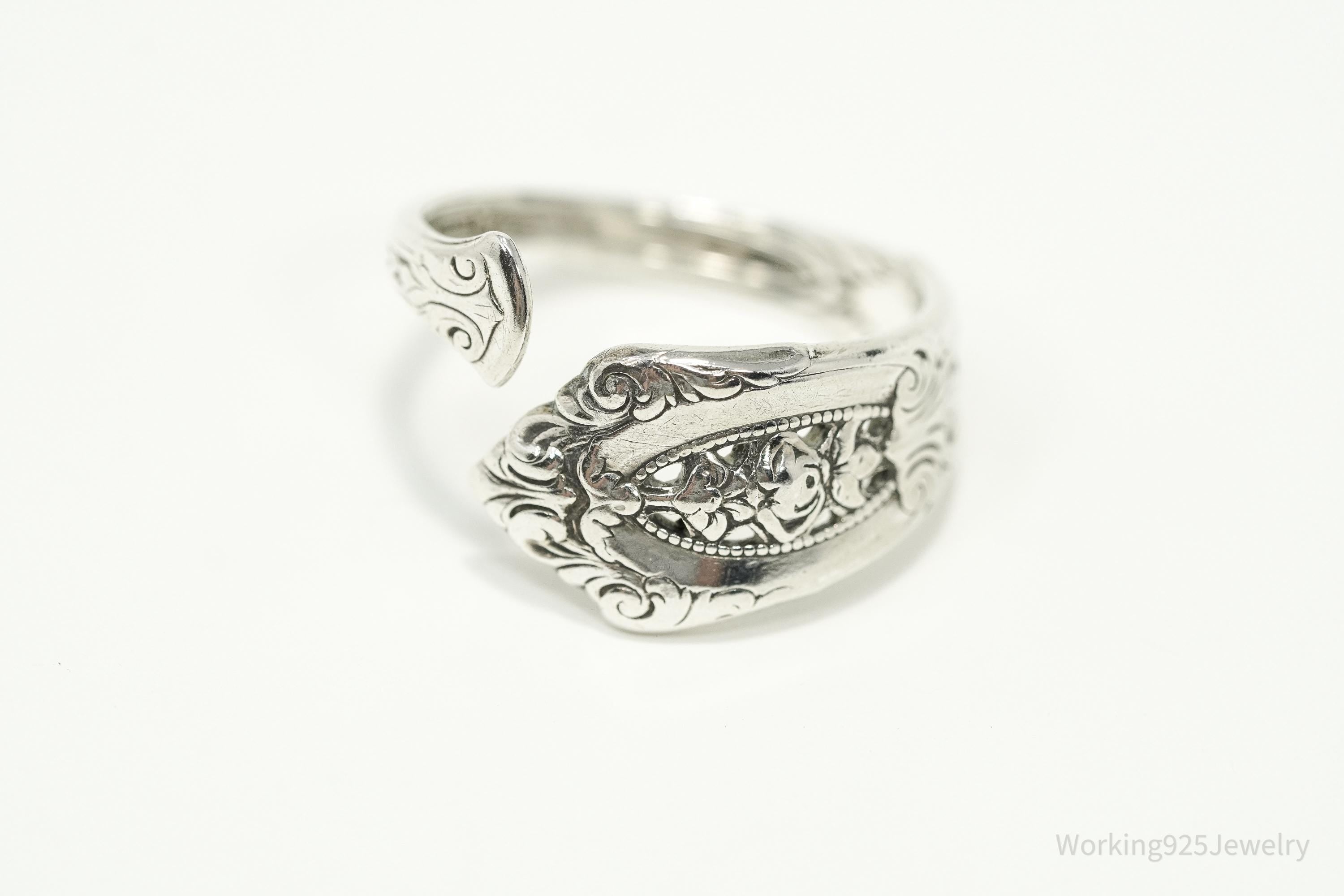 Antique WALLACE Floral Sterling Silver Spoon Ring - Size 9.5