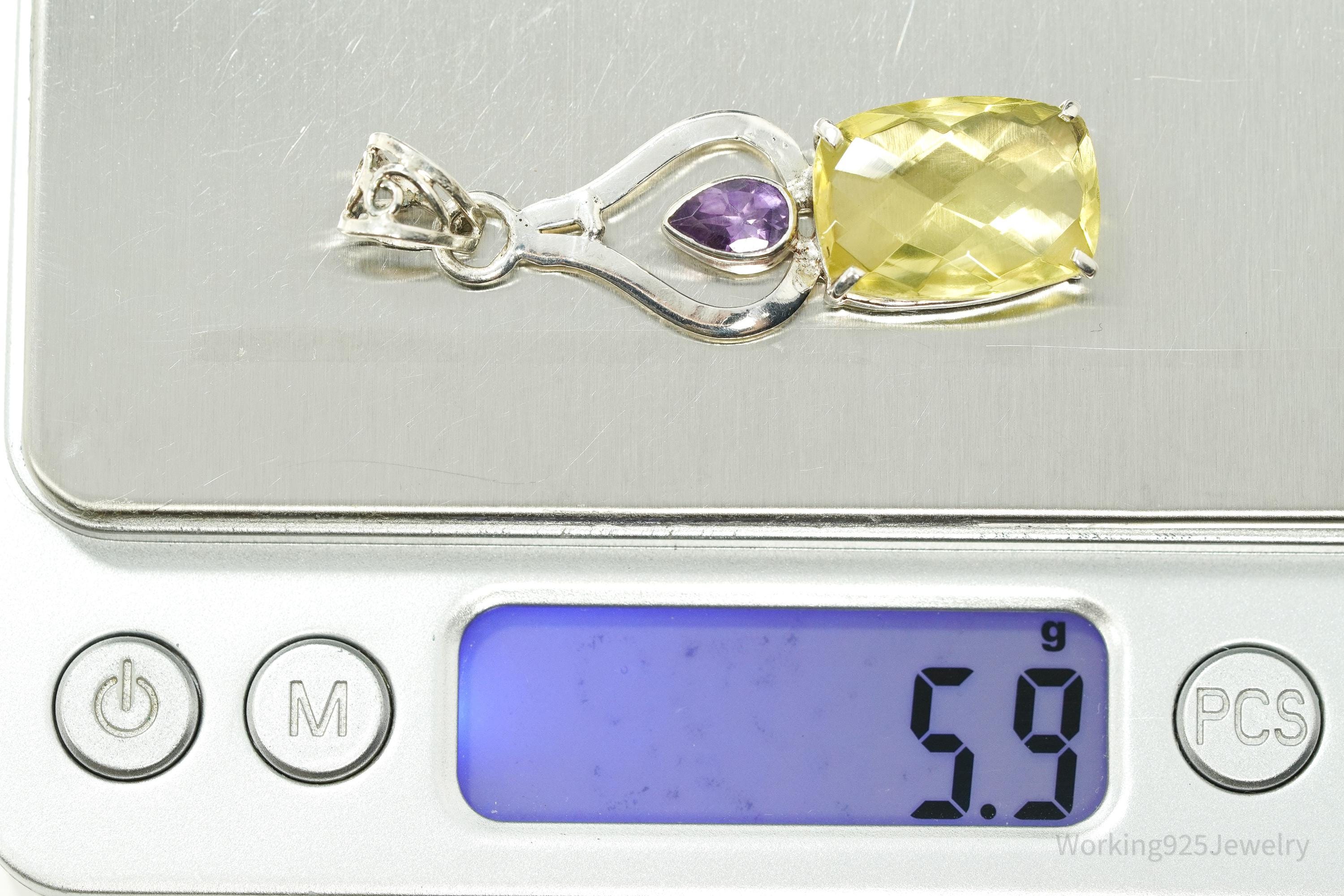 Vintage Lemon Quartz & Amethyst Sterling Silver Pendant