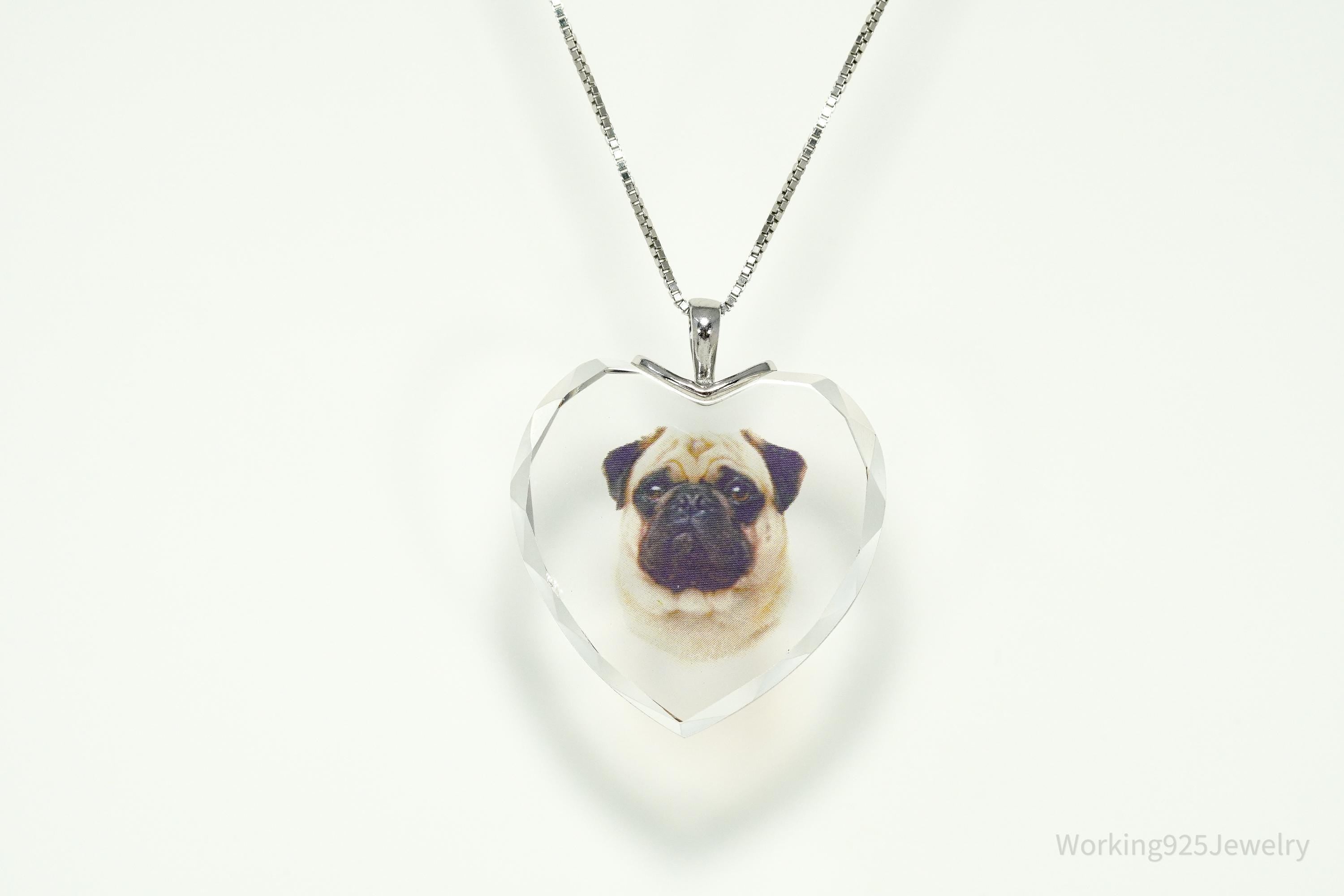Vintage Bradford Exchange Pug Face Heart Sterling Silver Chain Necklace - 18"