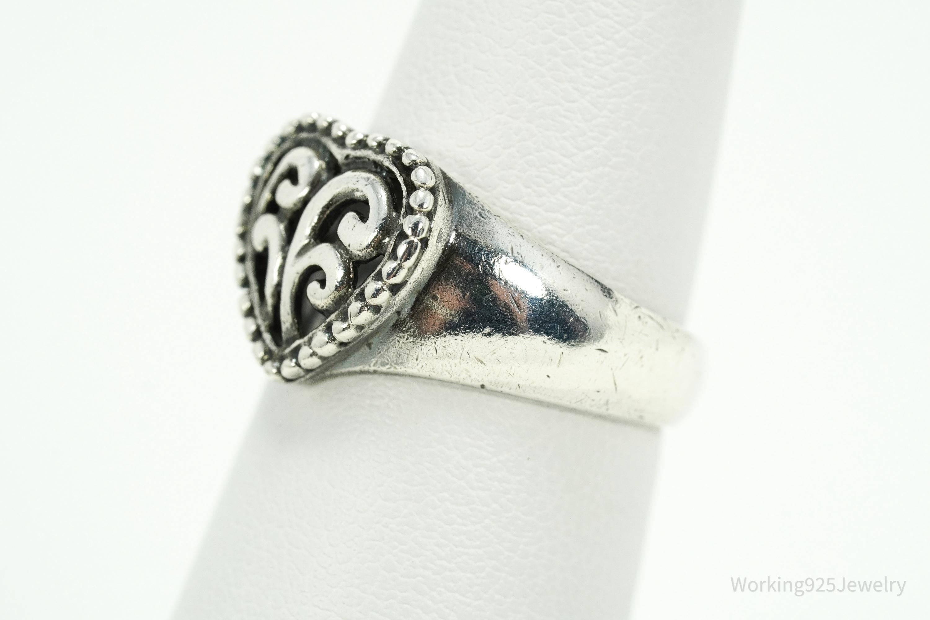Vintage Scroll Heart Sterling Silver Band Ring - Size 7
