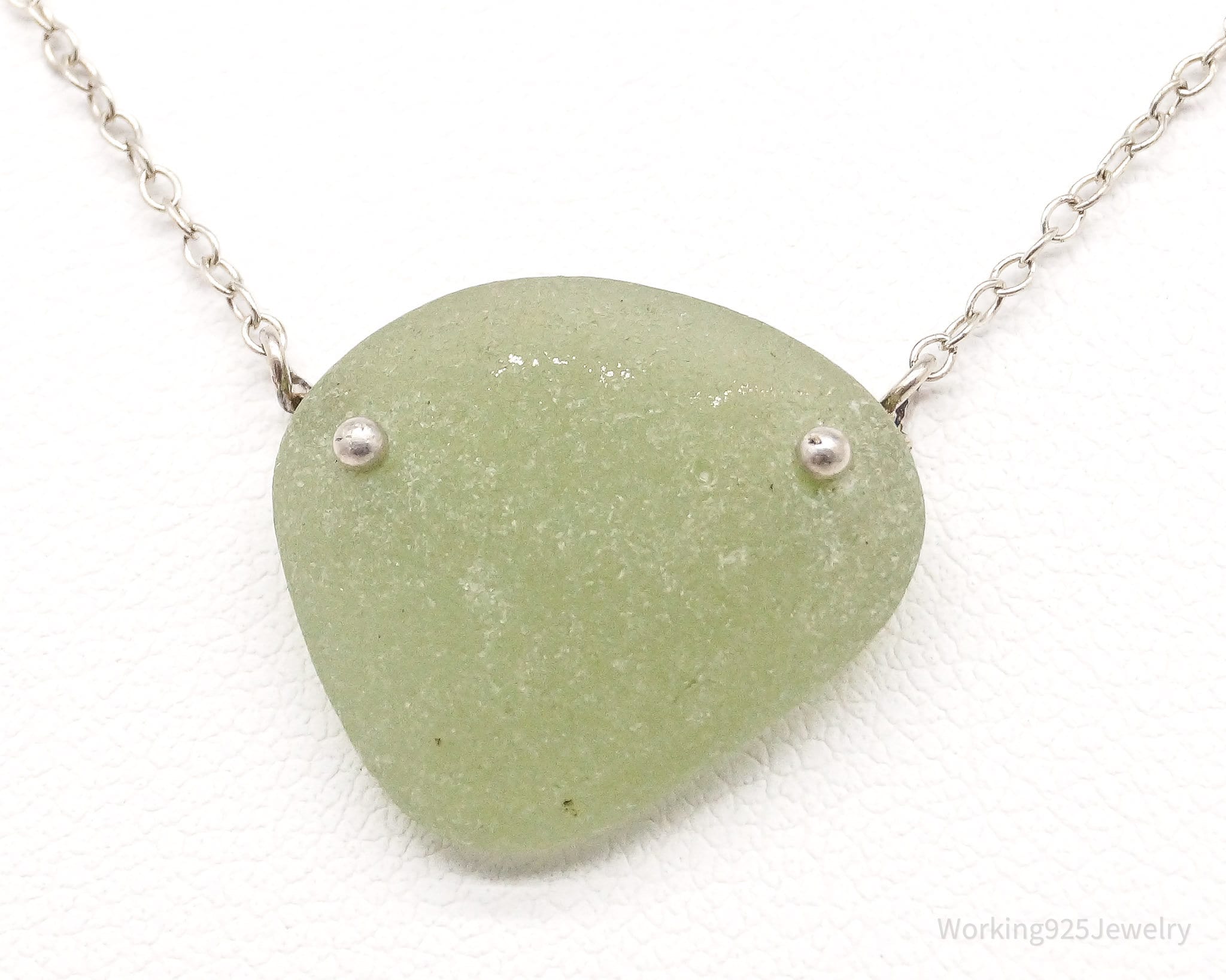 Vintage Green Sea Glass Sterling Silver Necklace 16"