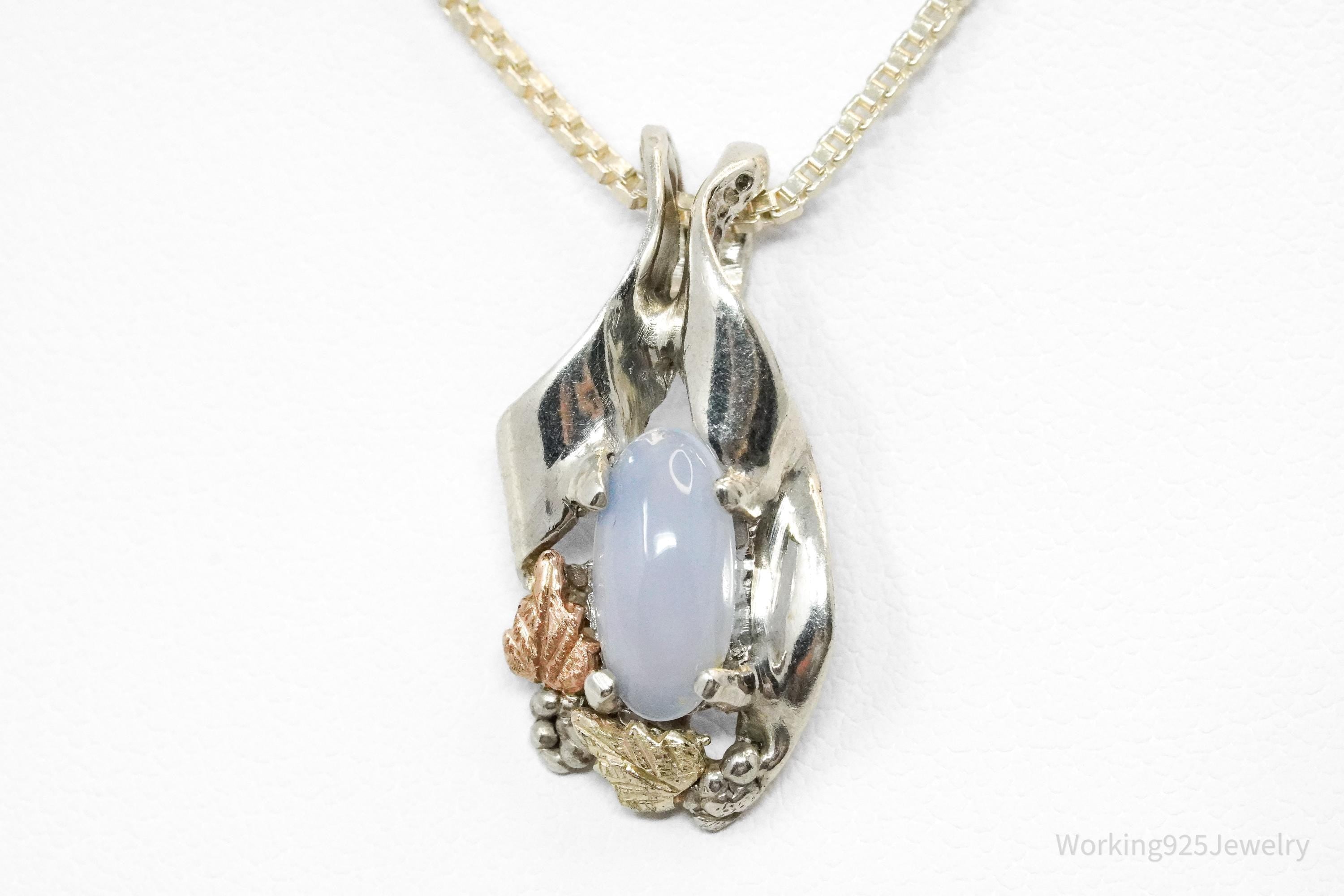 Vintage Blue Chalcedony Black Hills Gold Sterling Silver Necklace 18"