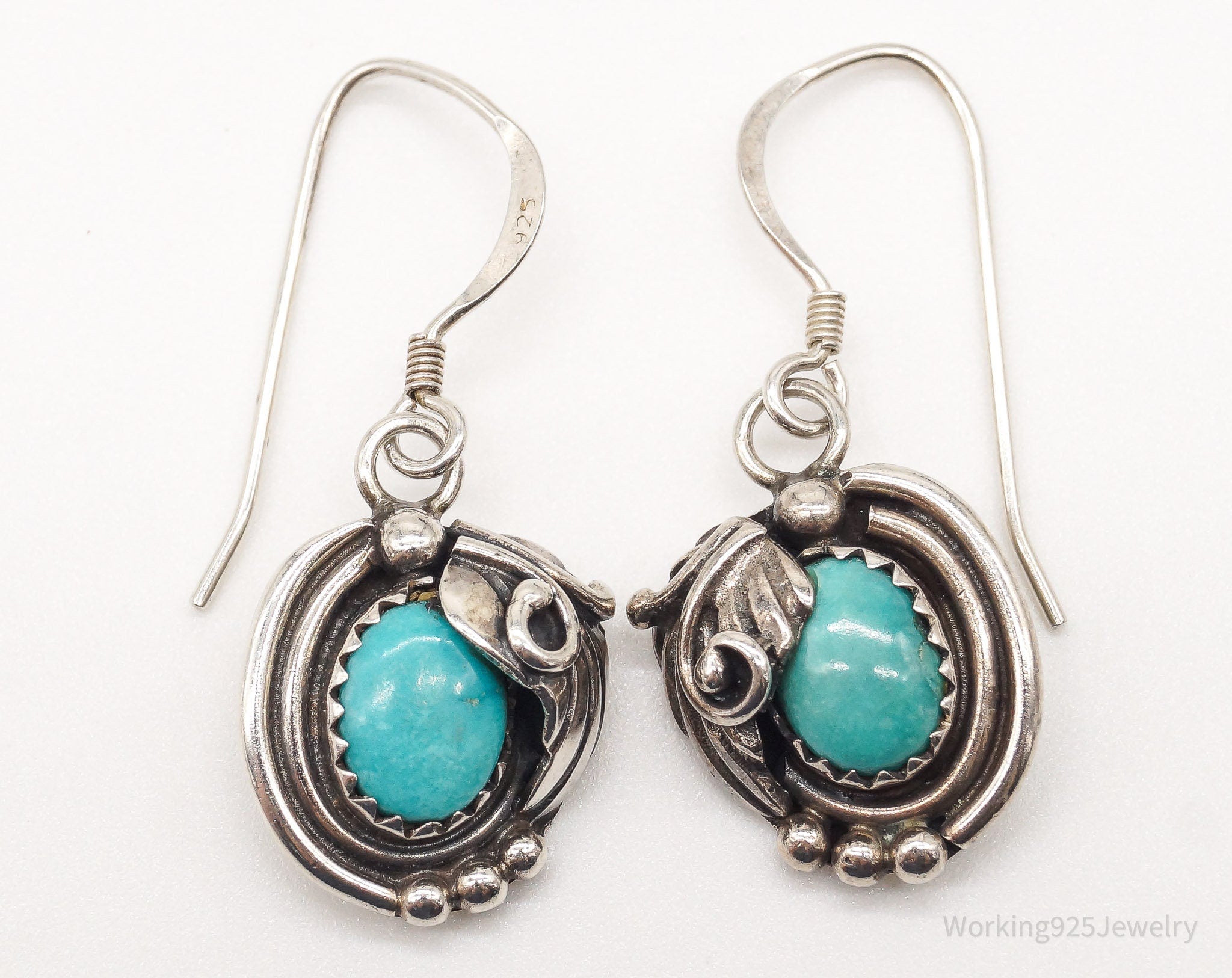 Vintage Native American Artisan LG Turquoise Sterling Silver Earrings