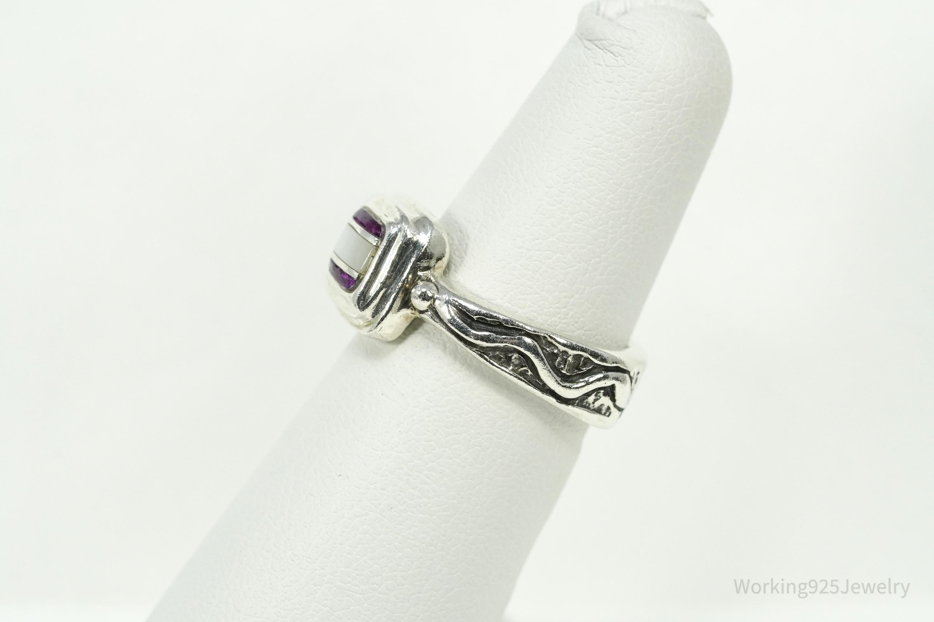 Vintage DeSantis Jewelry Co Mother Of Pearl & Charoite Inlay Sterling Silver Ring - Size 5.75