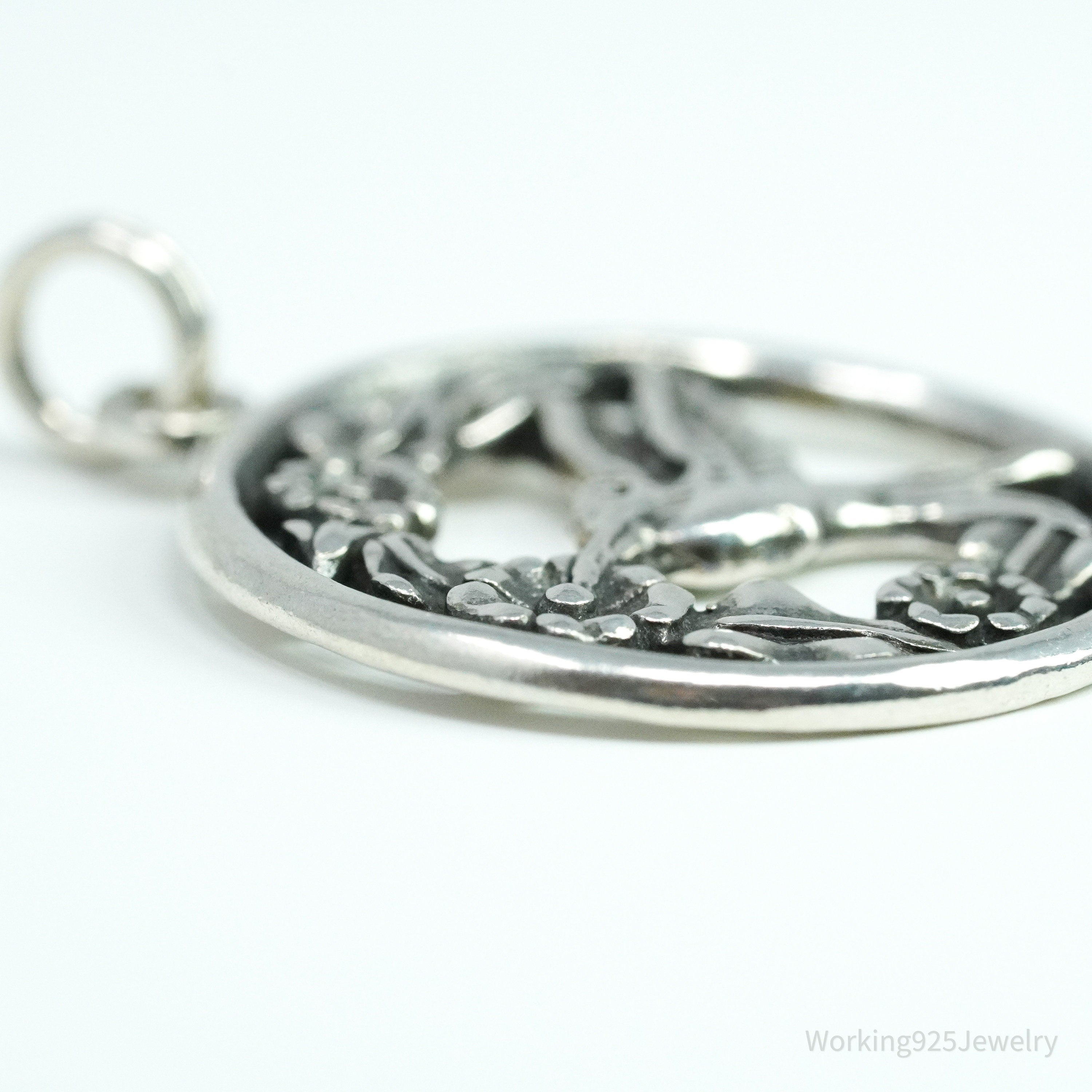 Vintage Hummingbird & Flowers Sterling Silver Charm Pendant