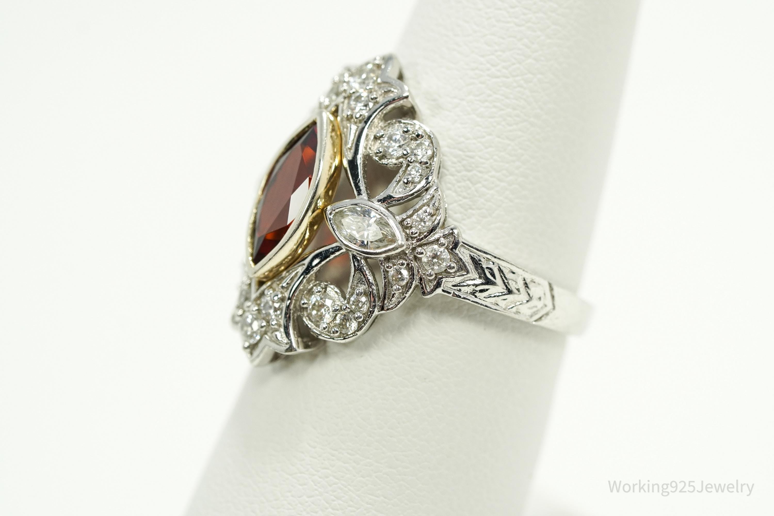 Vintage Garnet & White Zircon Sterling Silver Ring - Size 7