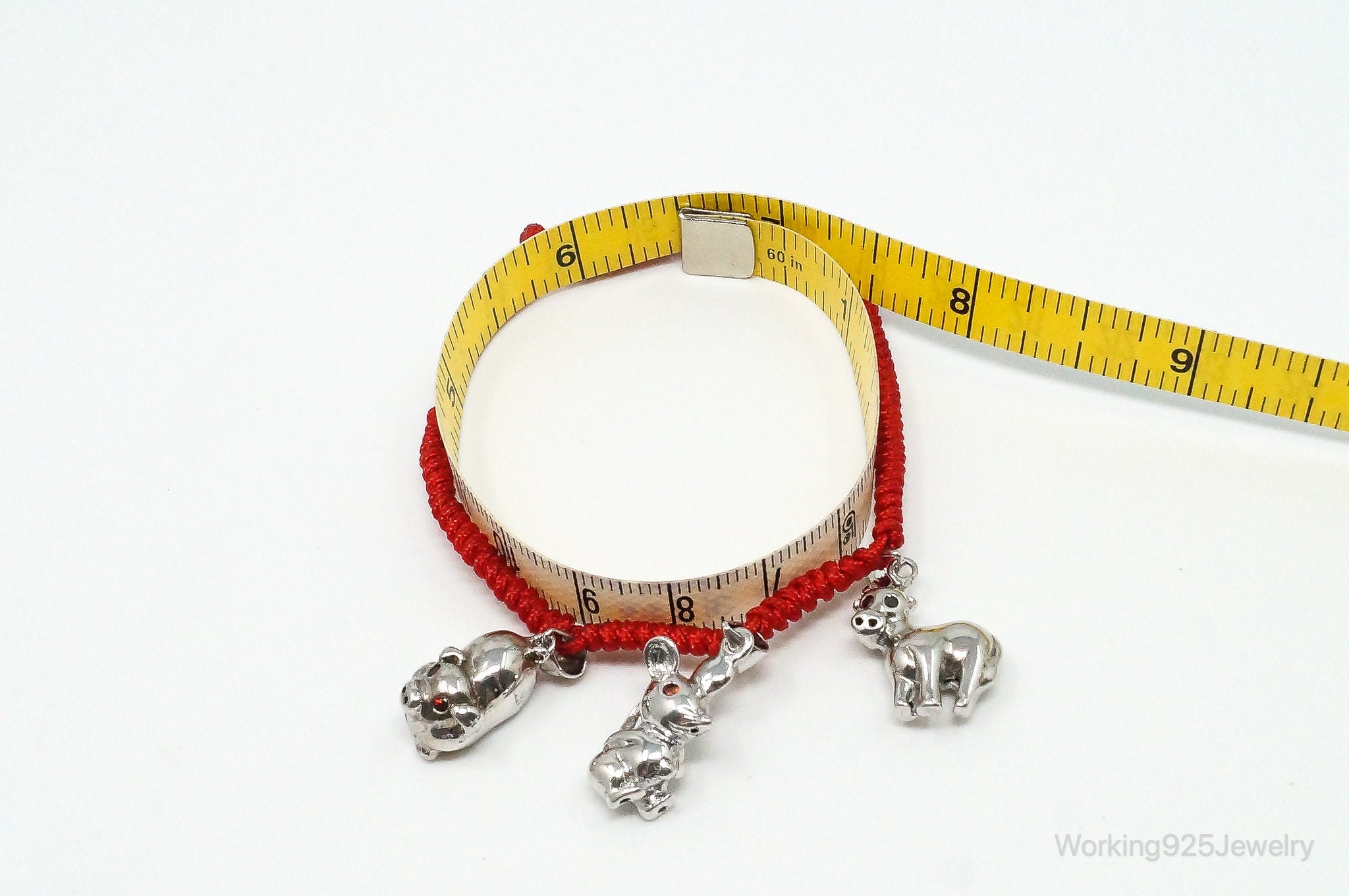 Vintage Animals Garnet Sterling Silver Charms Red Braided Cord Bracelet Adj.