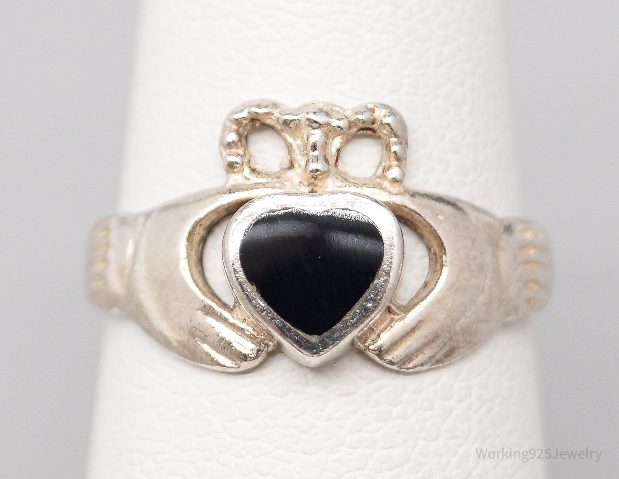 Vintage Black Onyx Inlay Claddagh Sterling Silver Ring Size 5.5