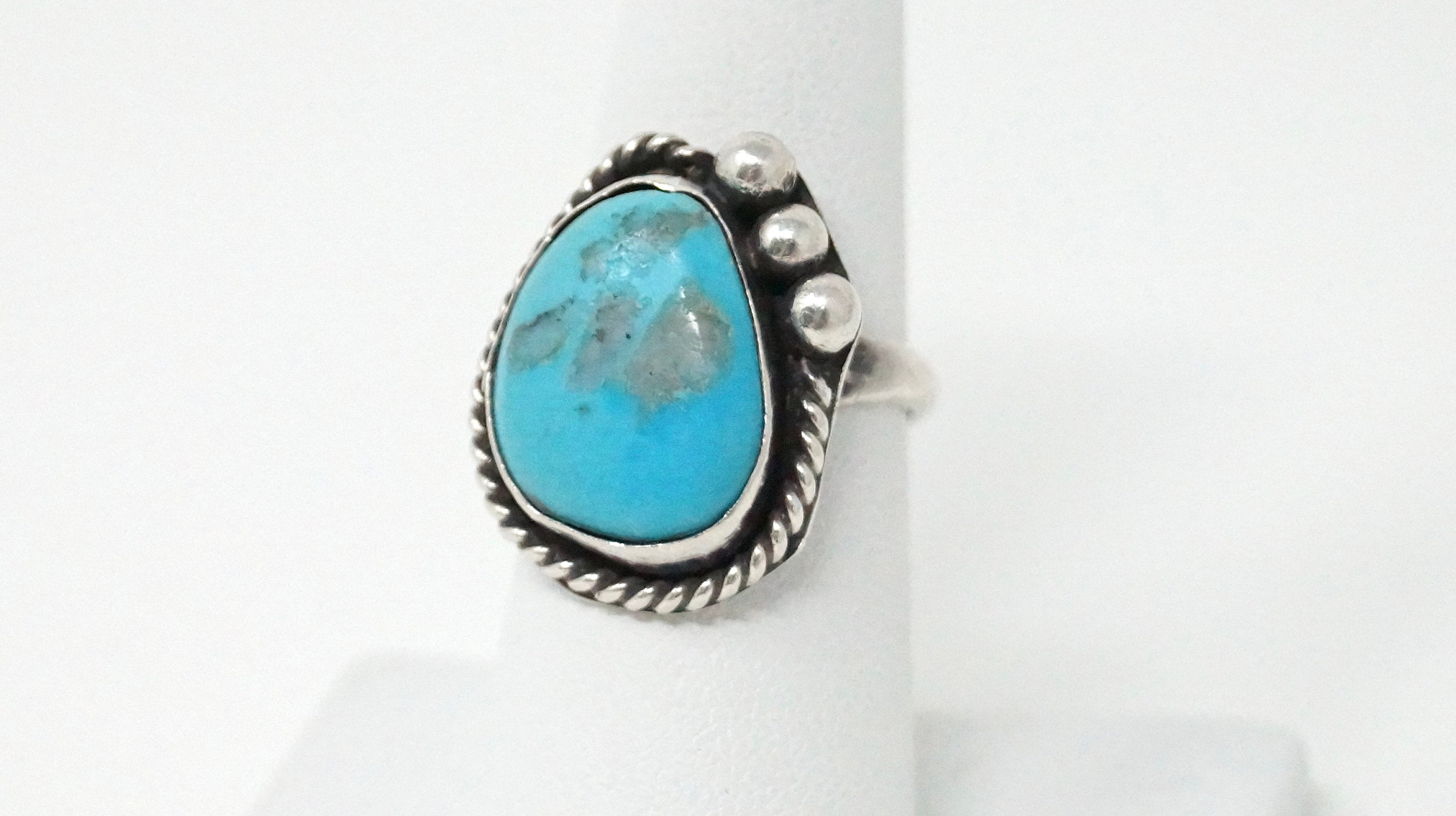 Vintage Native Turquoise Sterling Silver Rope Detail Ring - Size 7 1/4