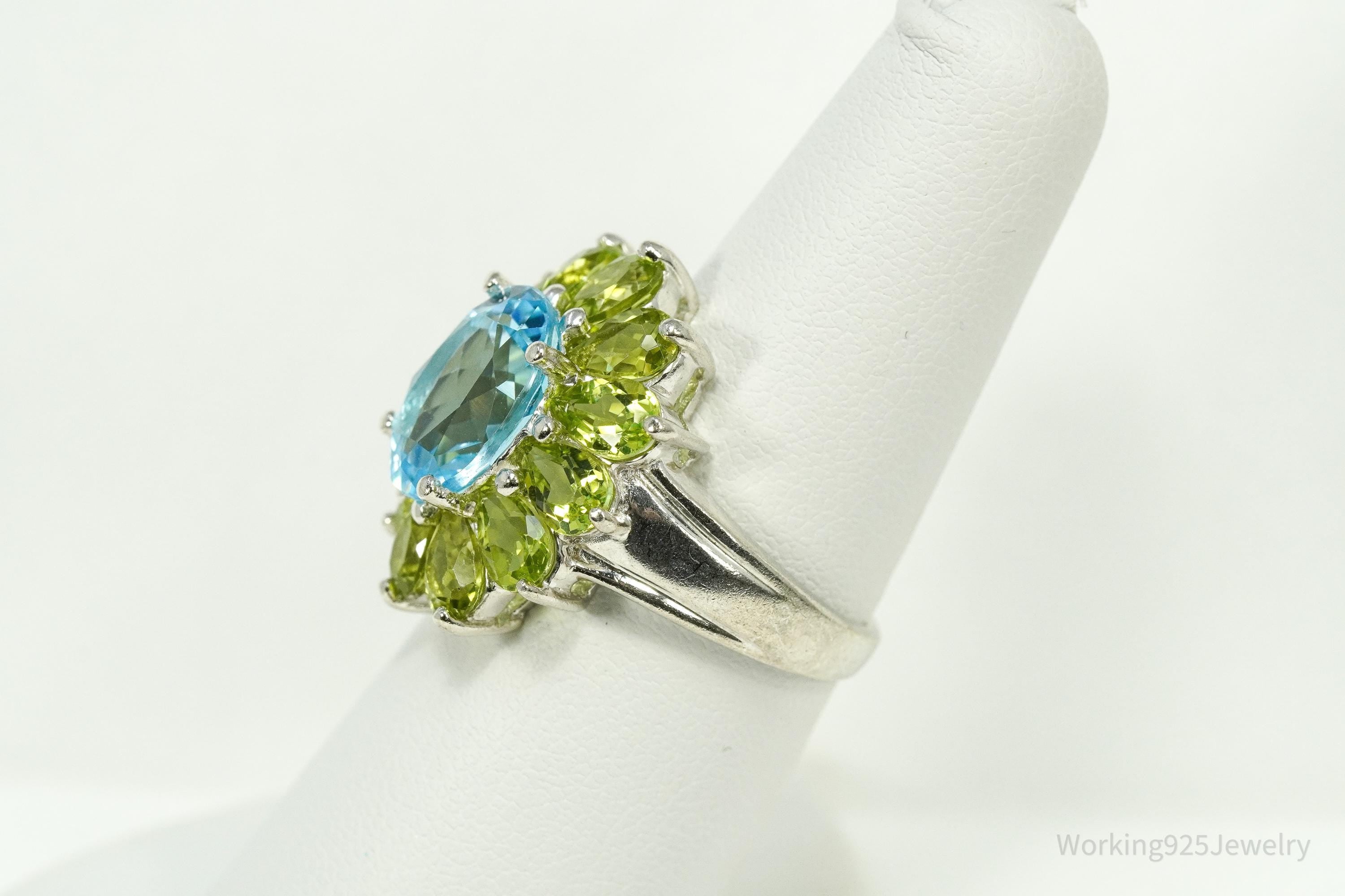 Vintage Blue Topaz & Peridot Sterling Silver Flower Ring - Size 7
