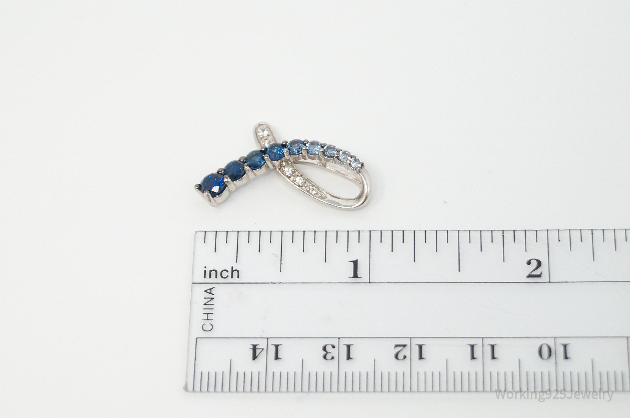 Vintage Blue Lab Sapphire Cubic Zirconia Sterling Silver Ribbon Necklace Pendant