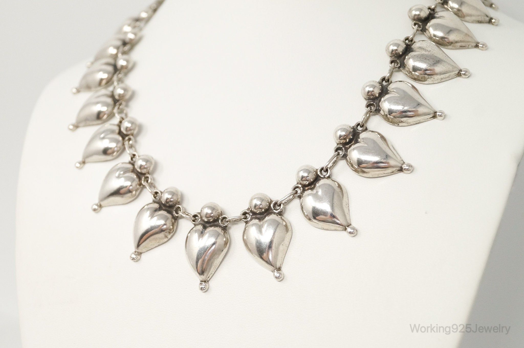 Vintage Mexico Modernist Puffy Heart Silver Necklace