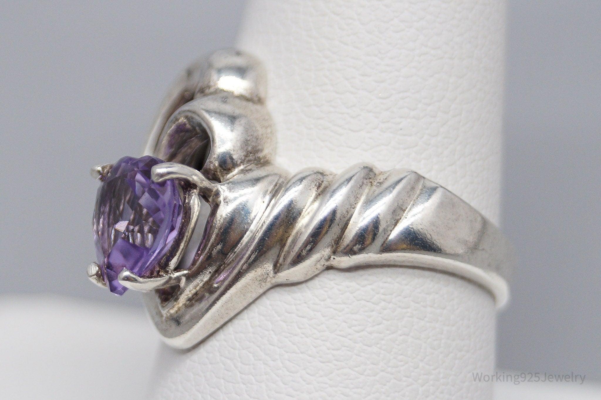 Vintage Amethyst Heart Sterling Silver Ring - Size 9