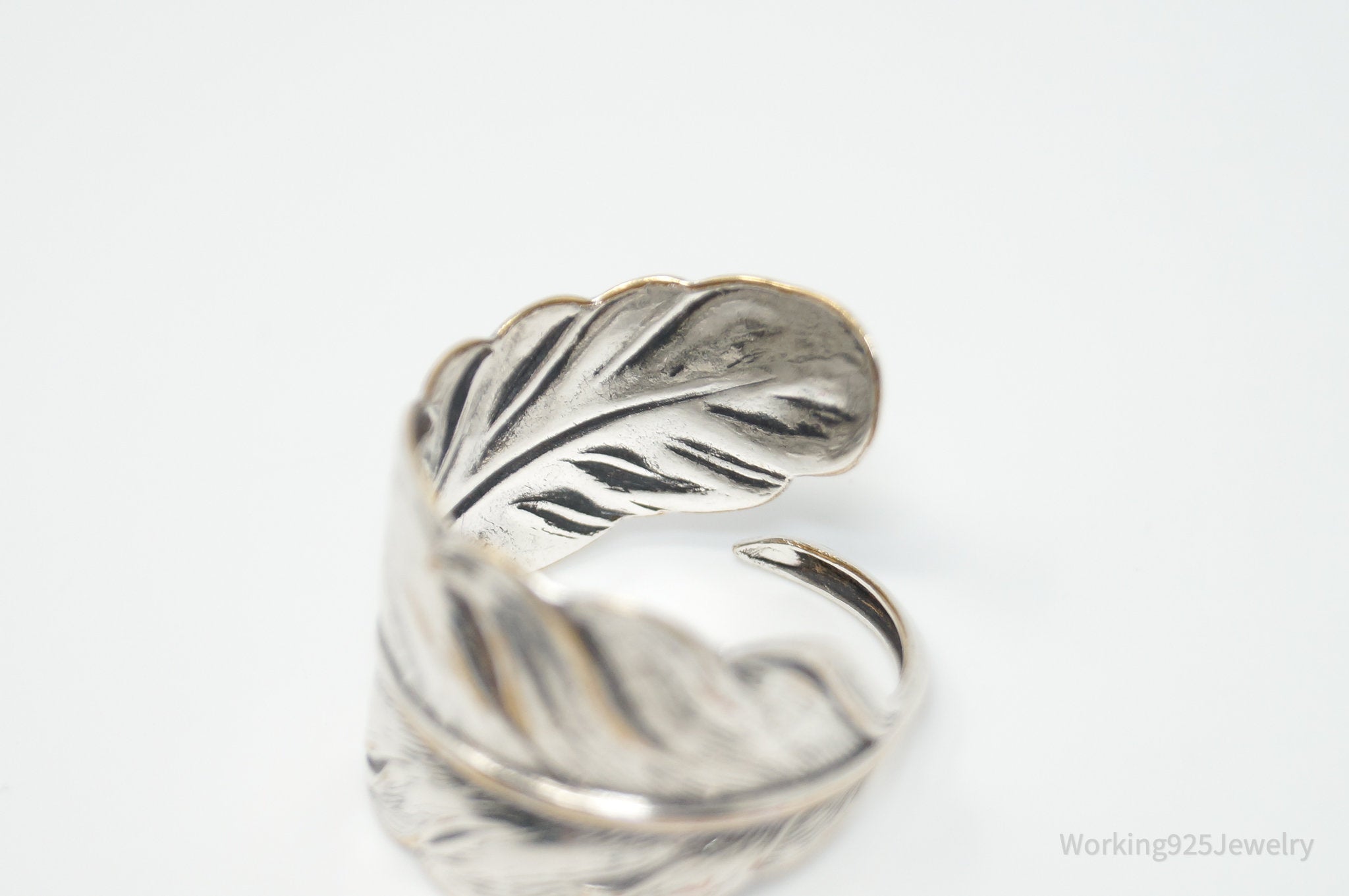 Vintage Large Feather Wrap Silver Plated Ring - Sz 11.25