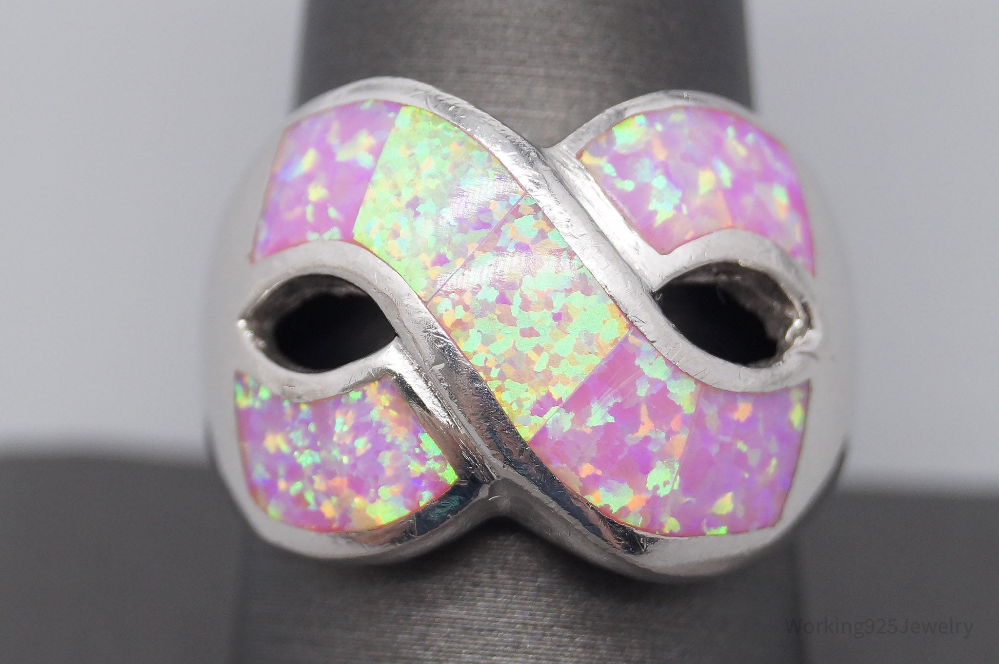 Vintage Lap Pink Opal Inlay Sterling Silver Infinity Ring -Size 9