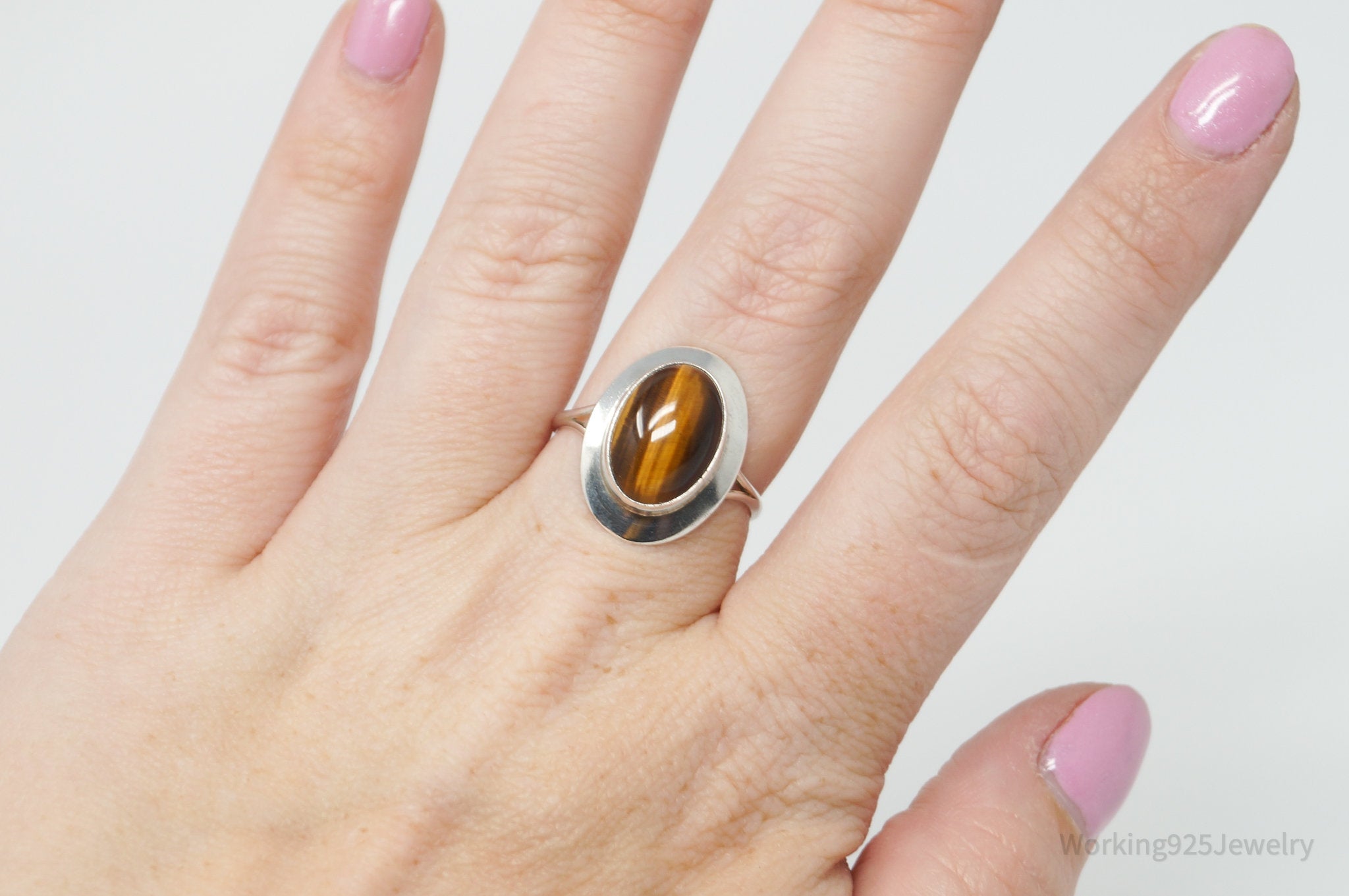 Vintage Native American Tigers Eye Unsigned Sterling Silver Ring - Sz 9.5