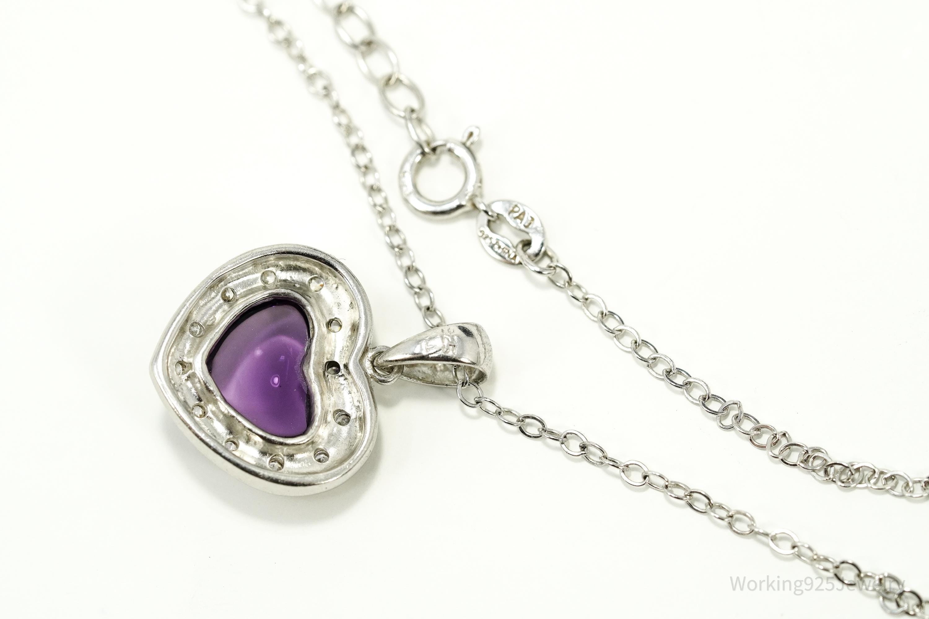 Vintage Amethyst & Cubic Zirconia Sterling Silver Heart Chain Necklace 20"