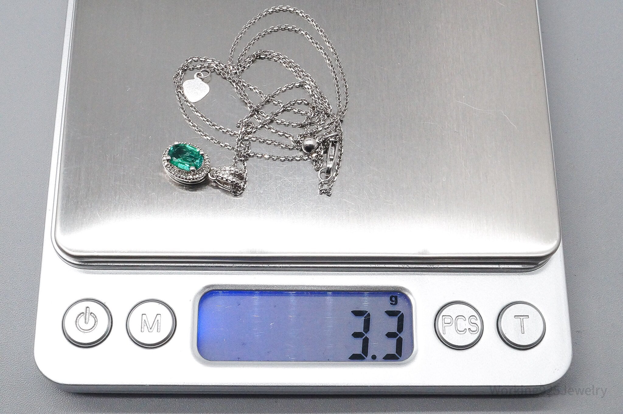 Vintage Lab Emerald Diamond Sterling Silver Necklace 22" Adjustable