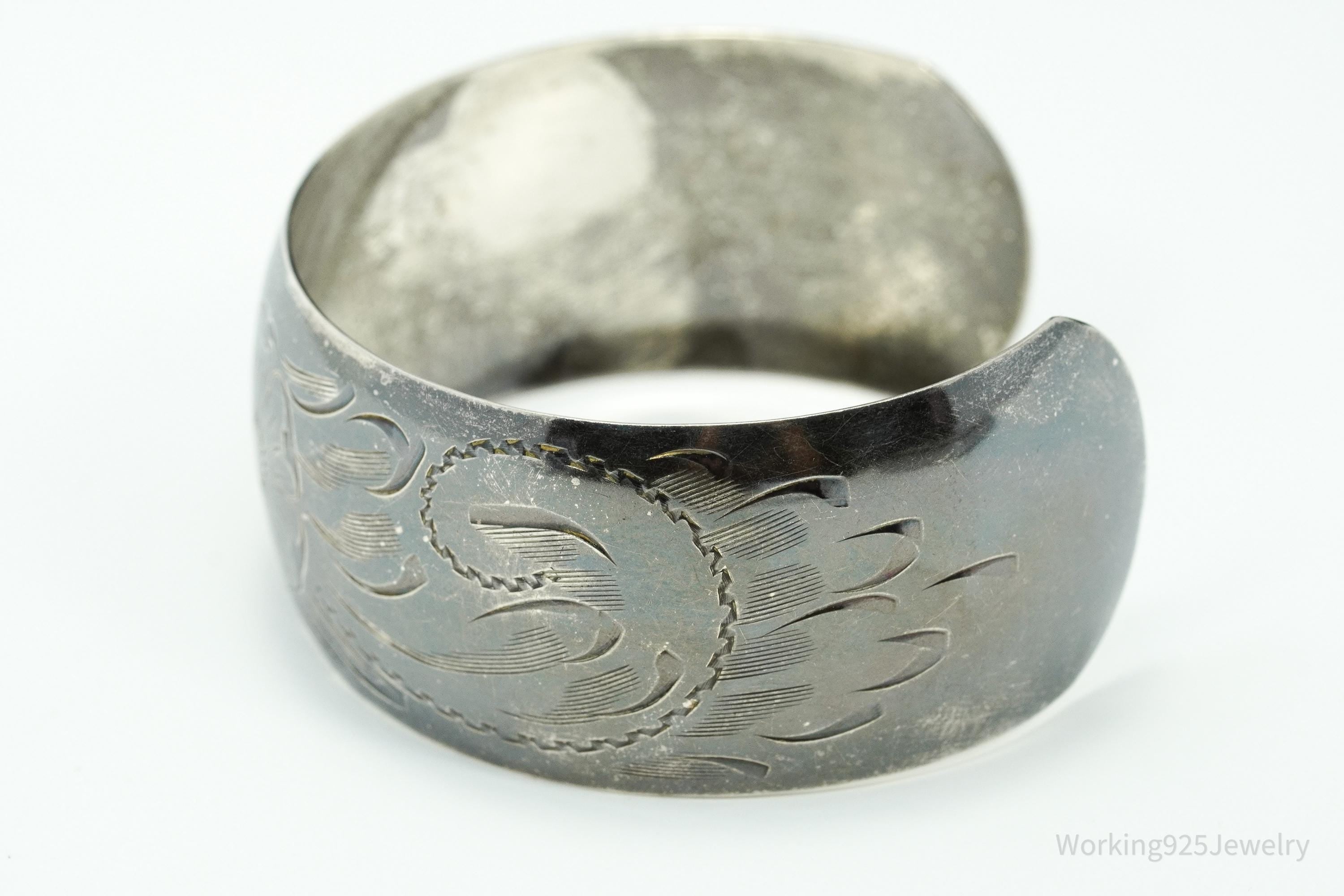 Antique Art Nouveau Floral Etched Sterling Silver Cuff Bracelet - 7 5/8"